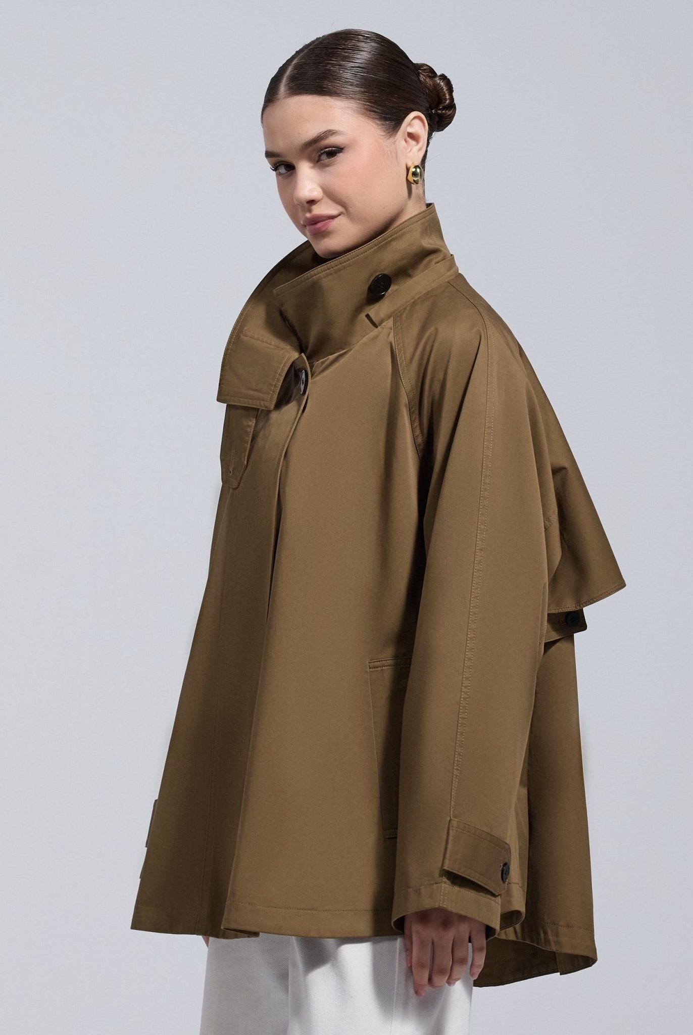 Camel Twill Cape Trench Coat - shopaleena