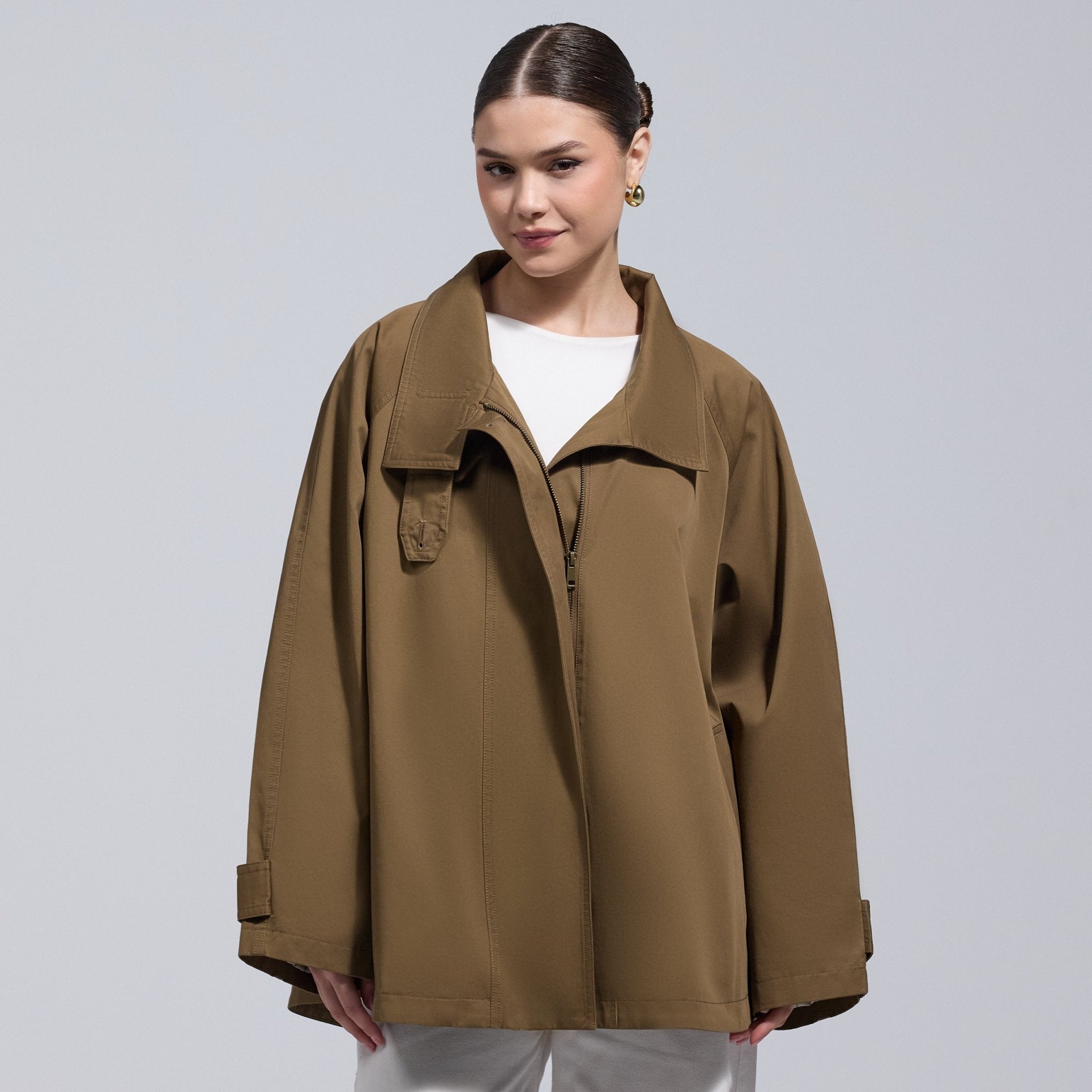 Camel Twill Cape Trench Coat - shopaleena