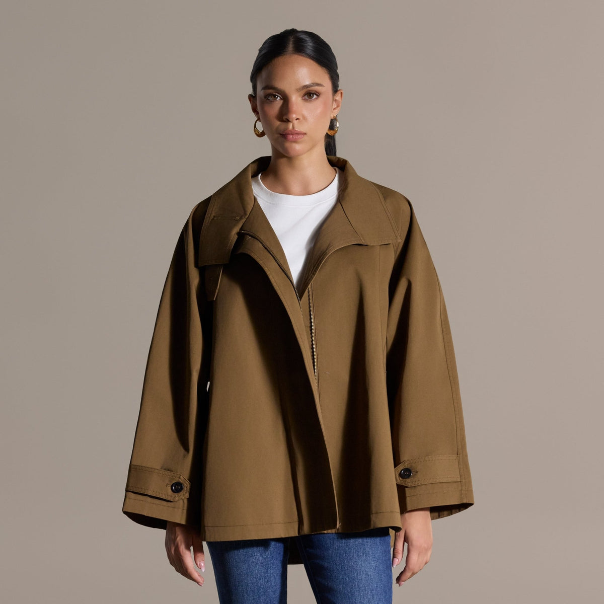 Camel Twill Cape Trench Coat - shopaleena