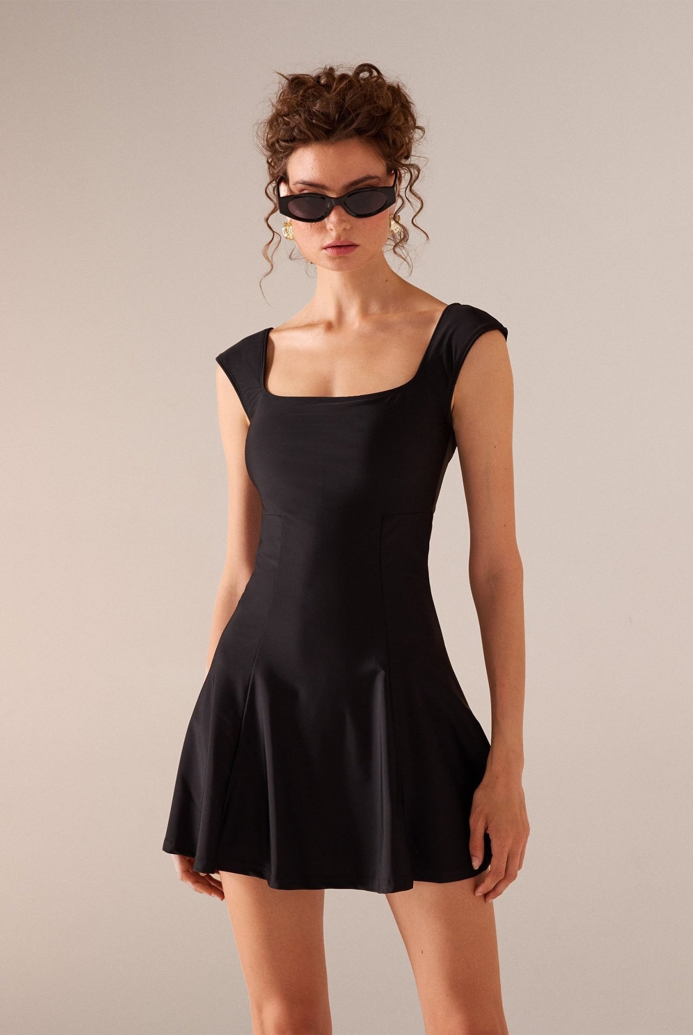 Cap Sleeves Black Swim Dress - shopaleena