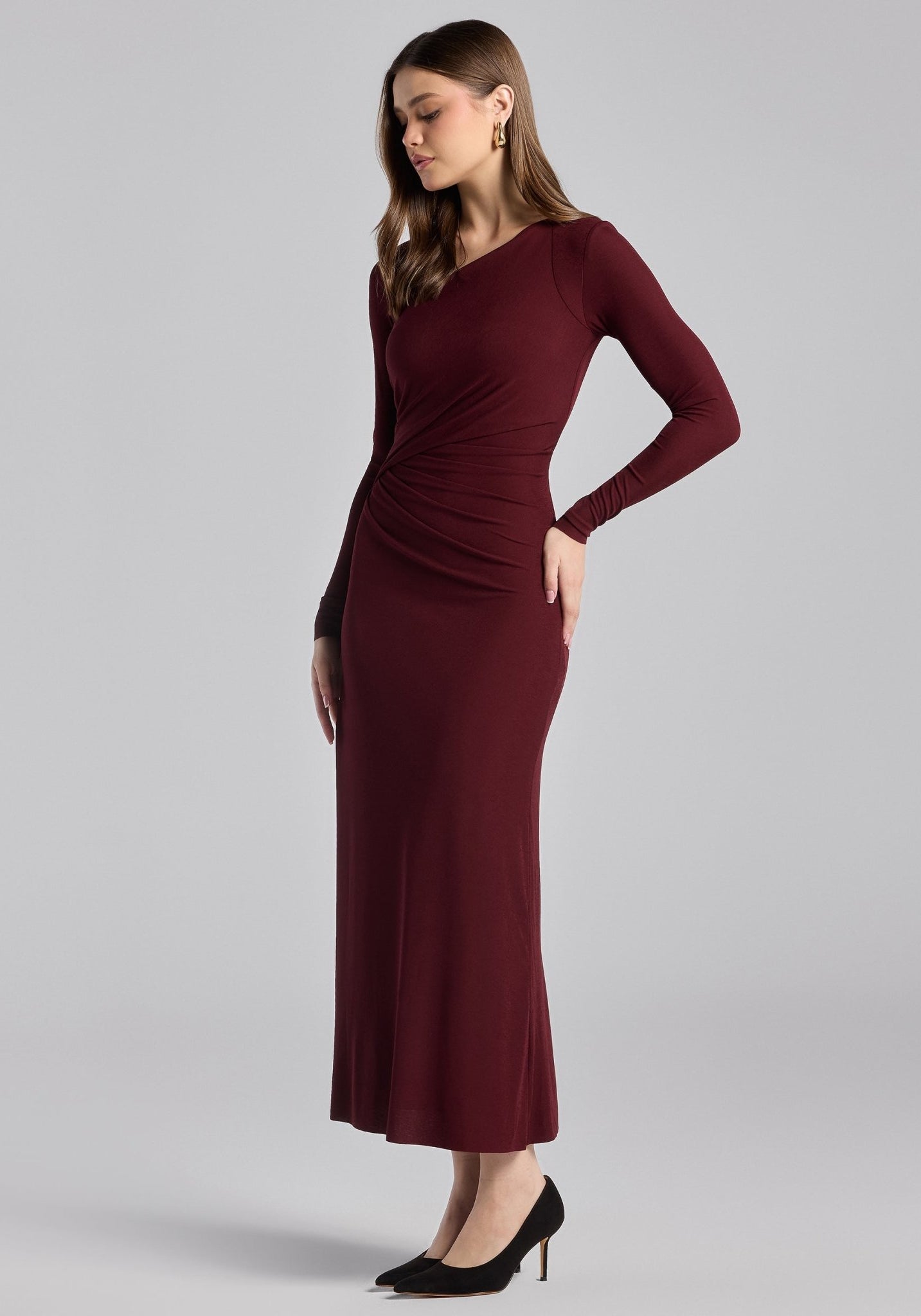 Cherry Red Asymmetric Neck Midi Jersey Dress - shopaleena