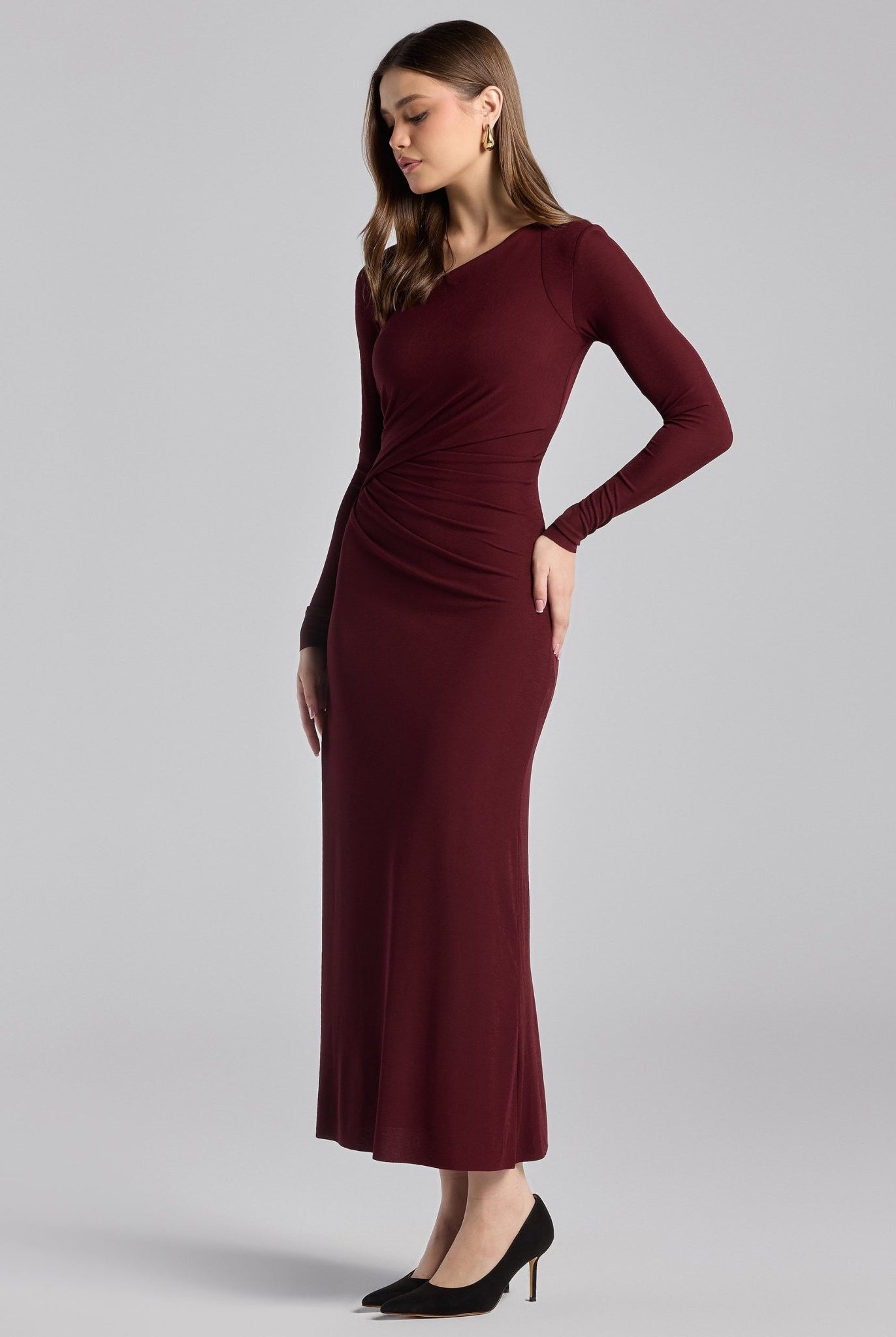 Cherry Red Asymmetric Neck Midi Jersey Dress - shopaleena