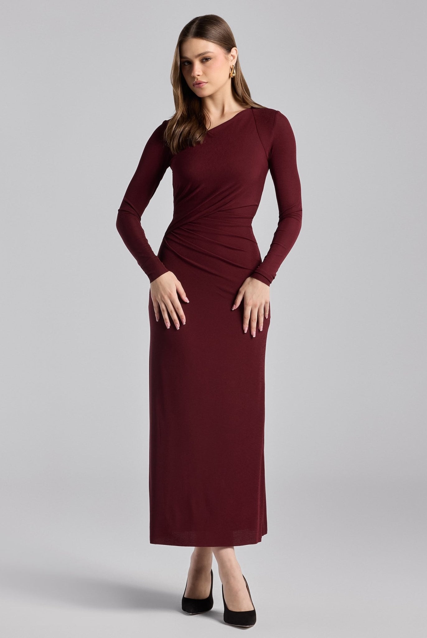 Cherry Red Asymmetric Neck Midi Jersey Dress - shopaleena