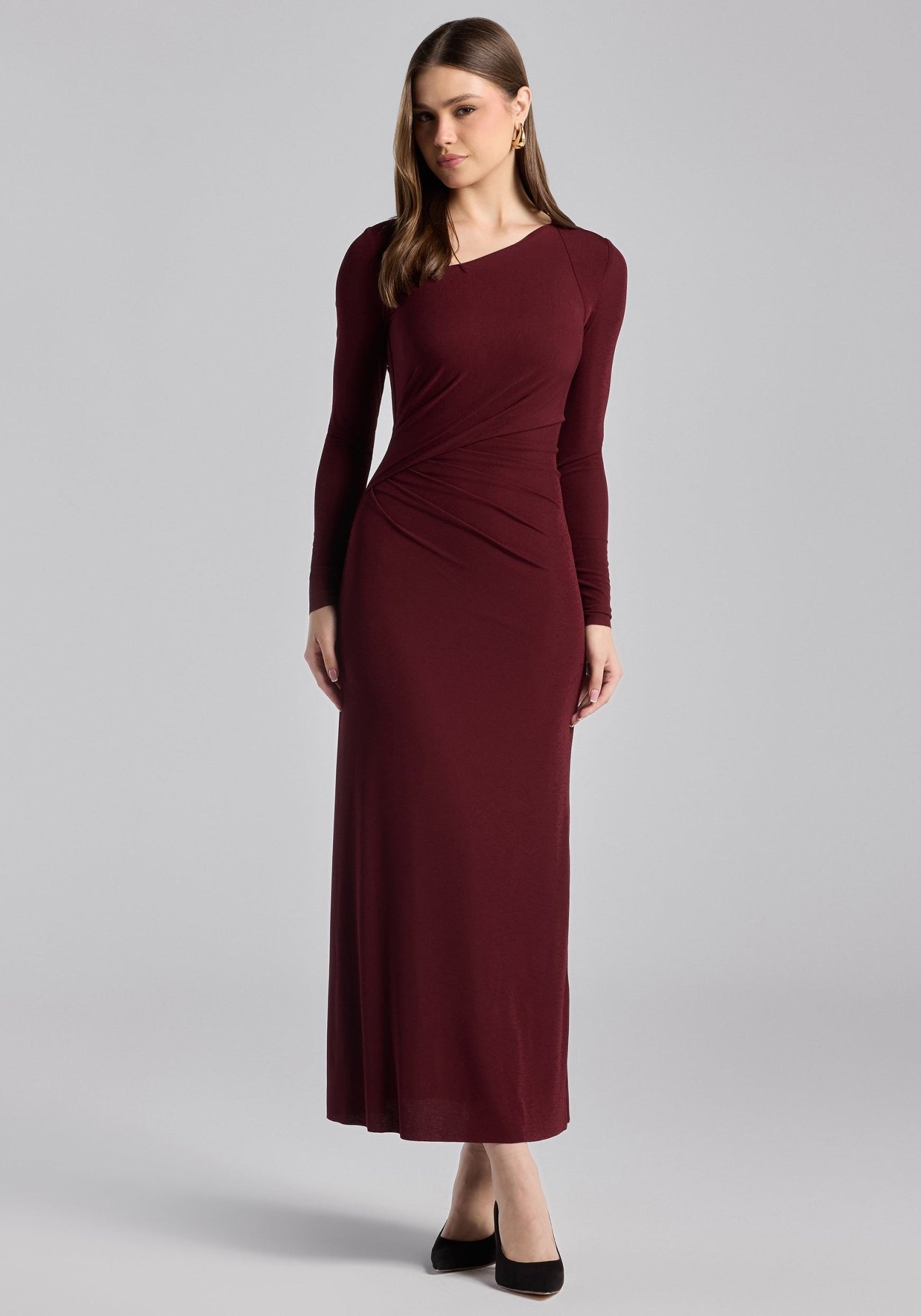 Cherry Red Asymmetric Neck Midi Jersey Dress - shopaleena