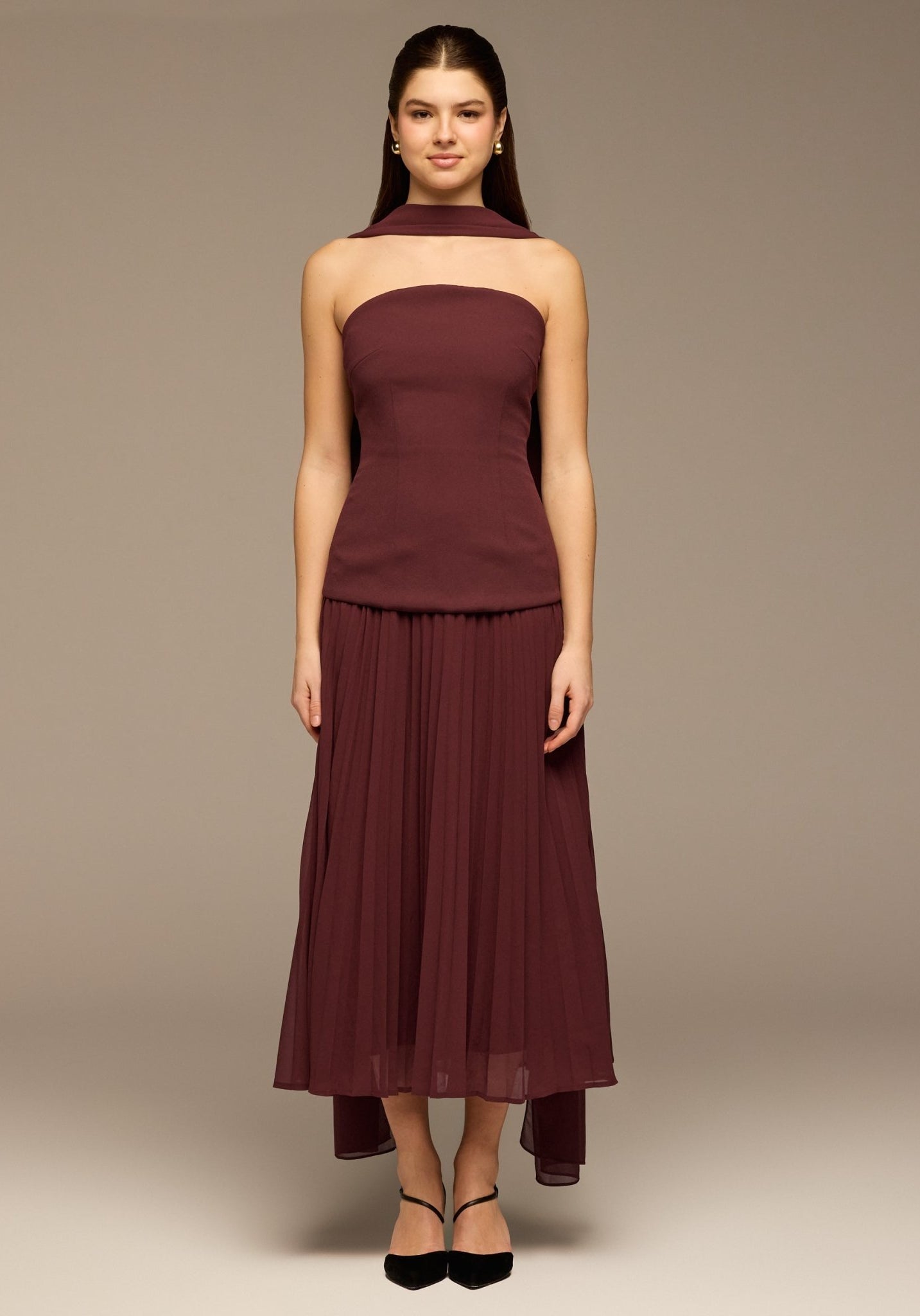 Cherry Red Crepe and Chiffon Pleated Dress with Scarf - shopaleena