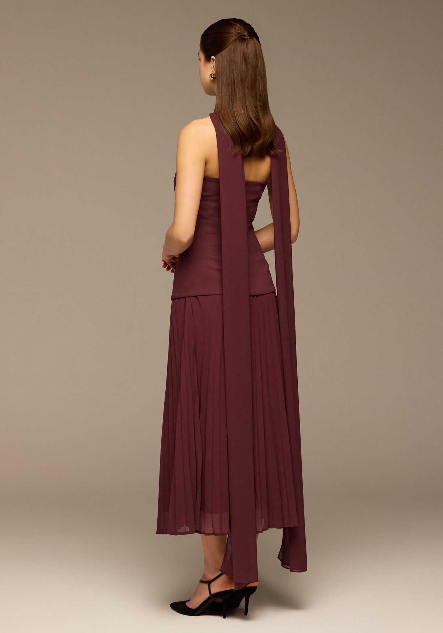 Cherry Red Crepe and Chiffon Pleated Dress with Scarf - shopaleena