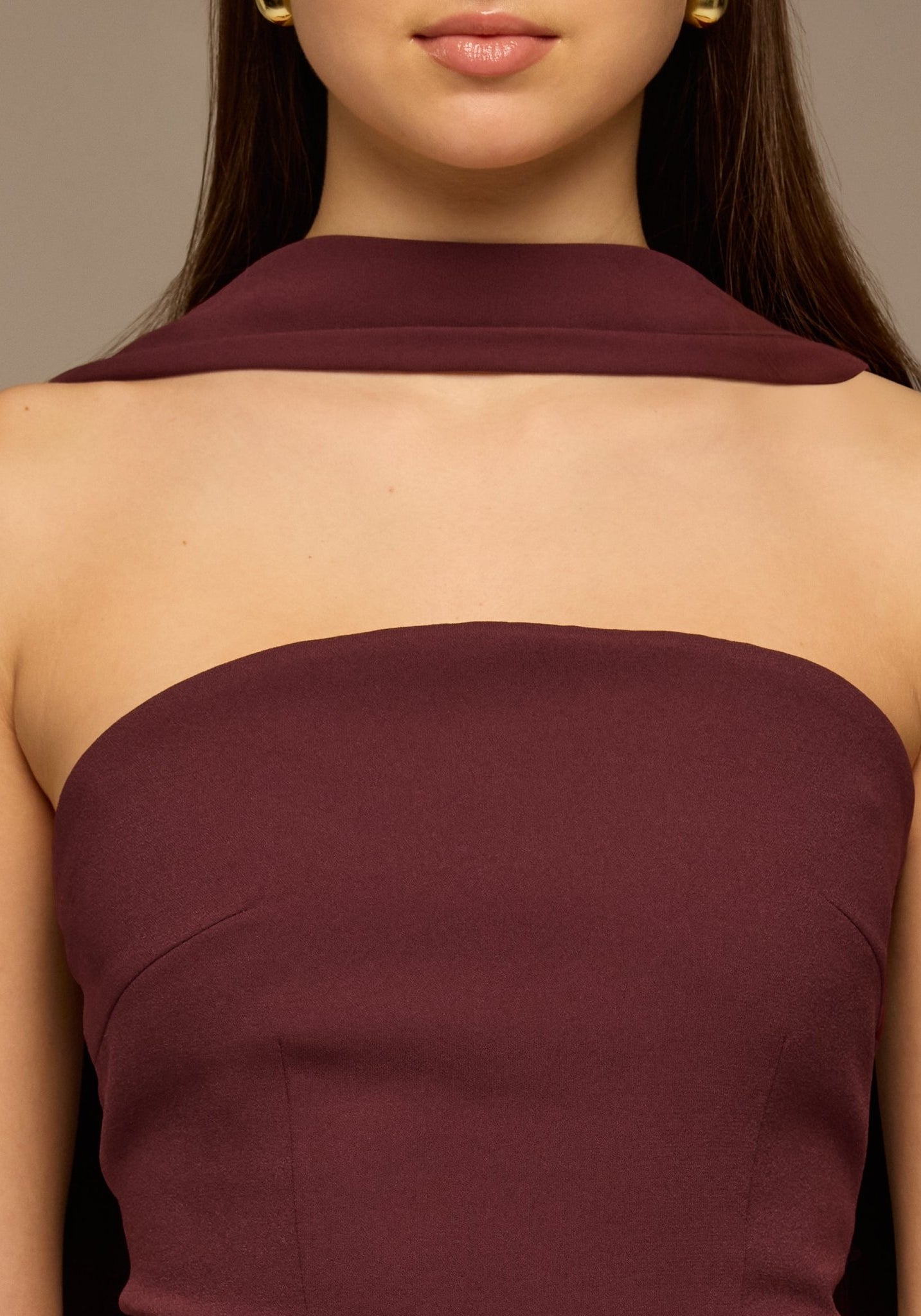 Cherry Red Crepe and Chiffon Pleated Dress with Scarf - shopaleena