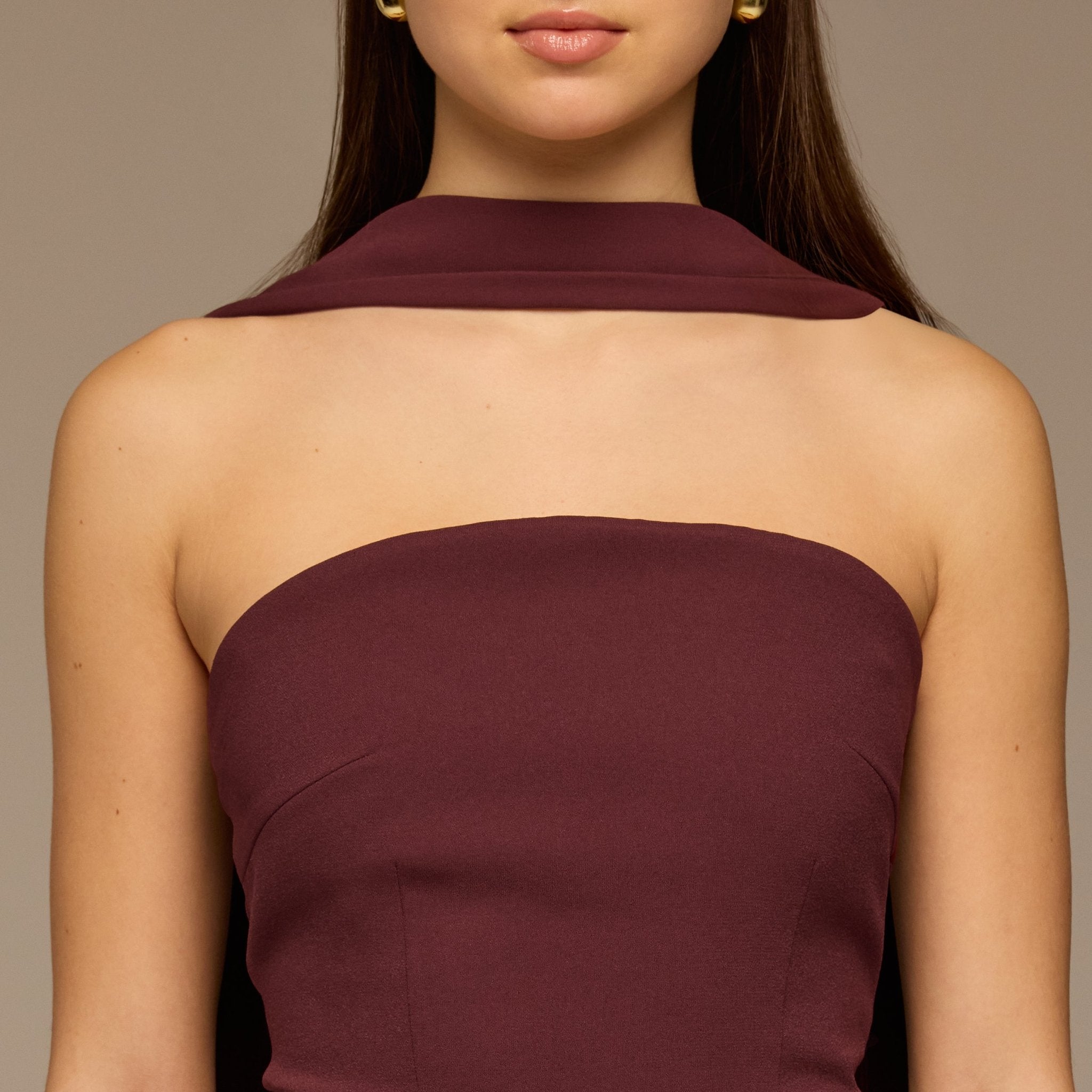 Cherry Red Crepe and Chiffon Pleated Dress with Scarf - shopaleena