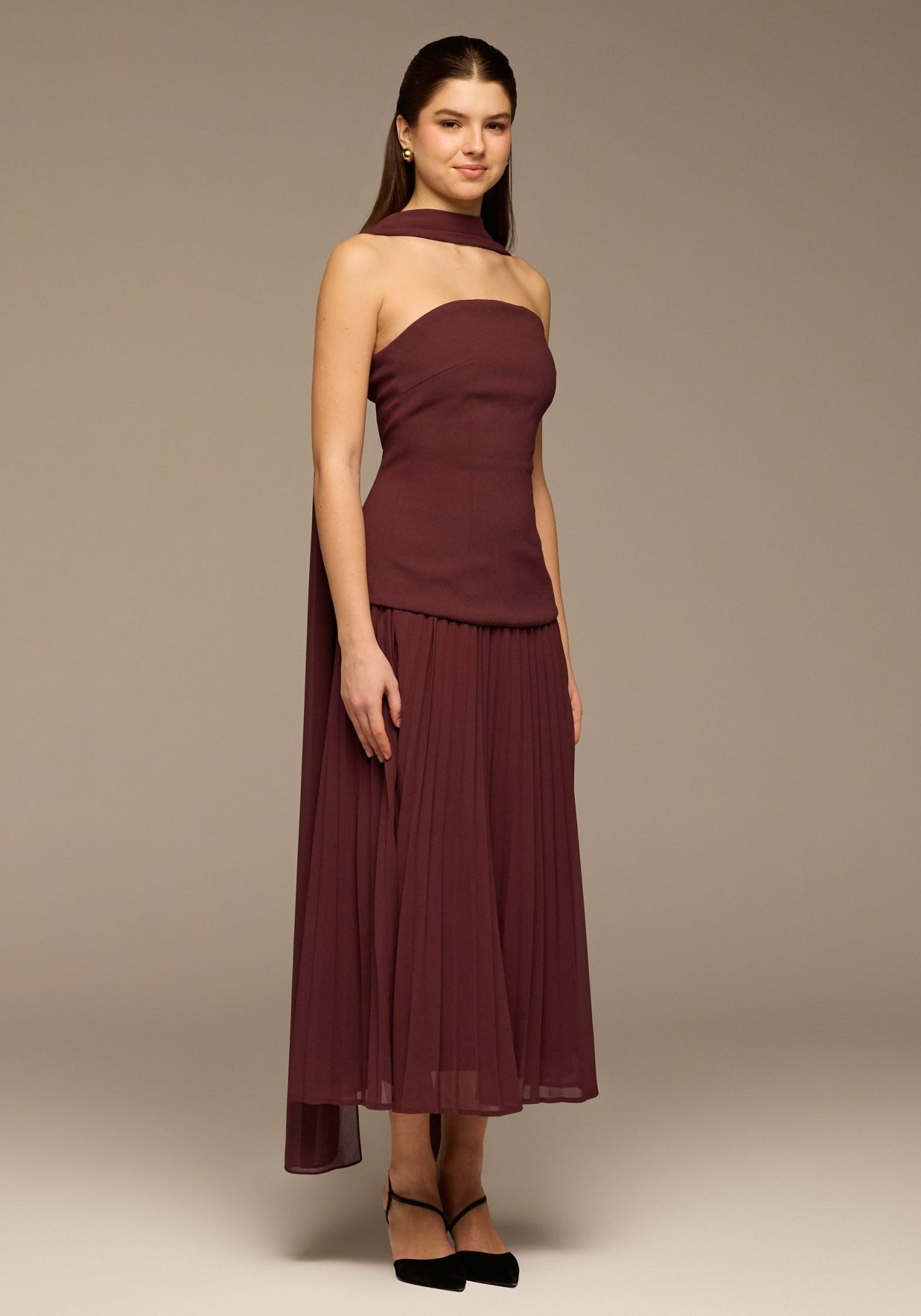 Cherry Red Crepe and Chiffon Pleated Dress with Scarf - shopaleena