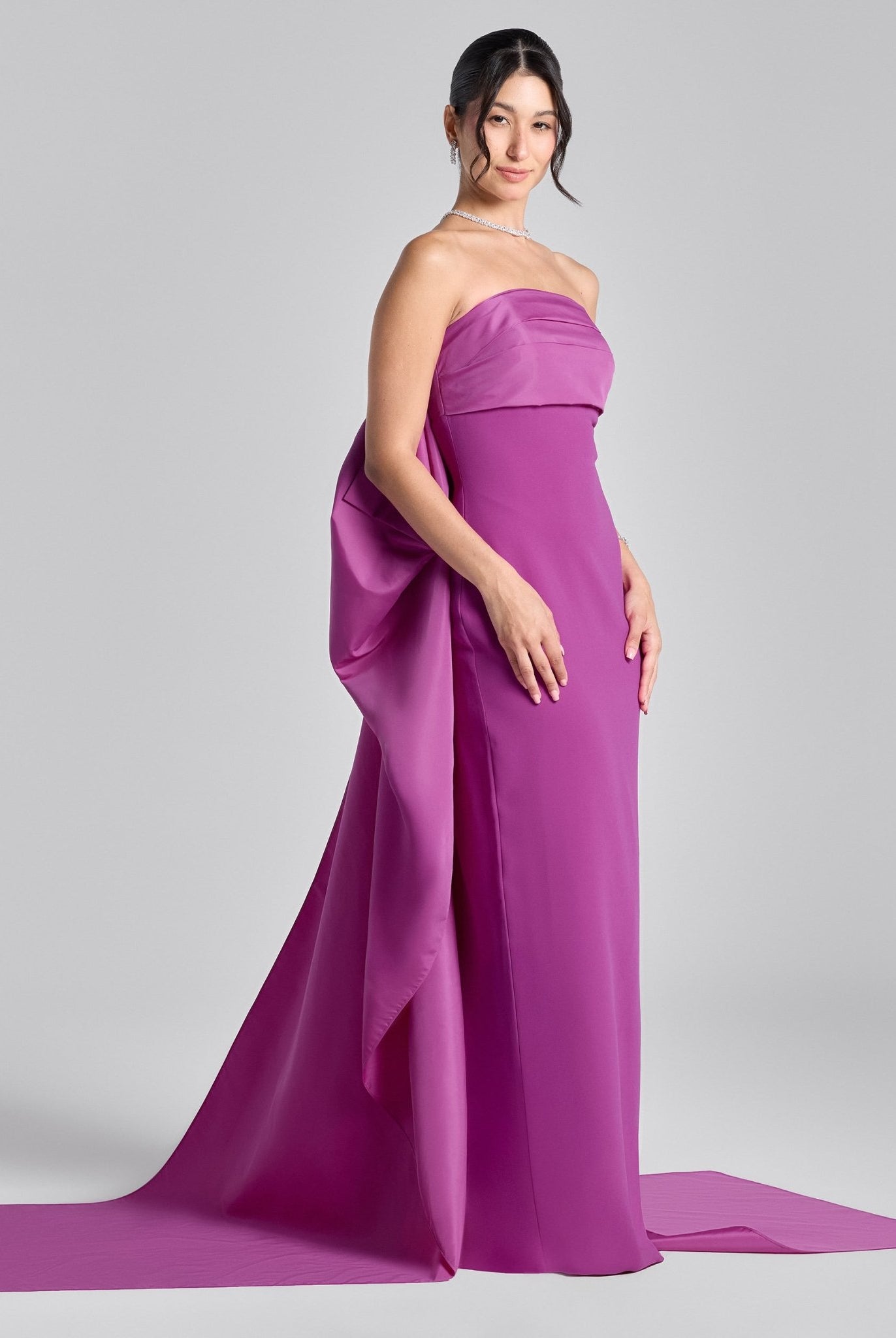 Cherry Red Crepe and Taffeta Strapless Bow Gown - shopaleena