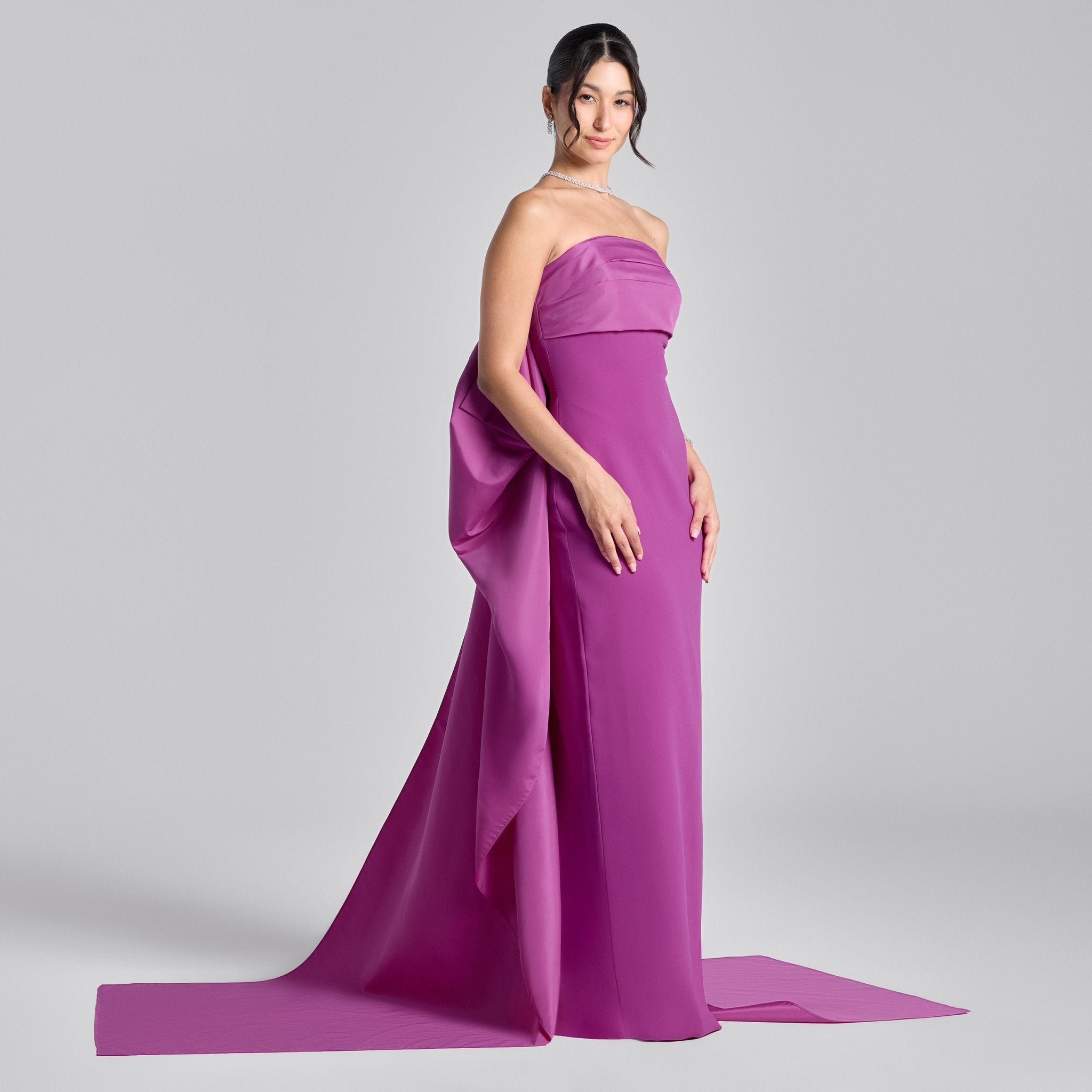 Cherry Red Crepe and Taffeta Strapless Bow Gown - shopaleena