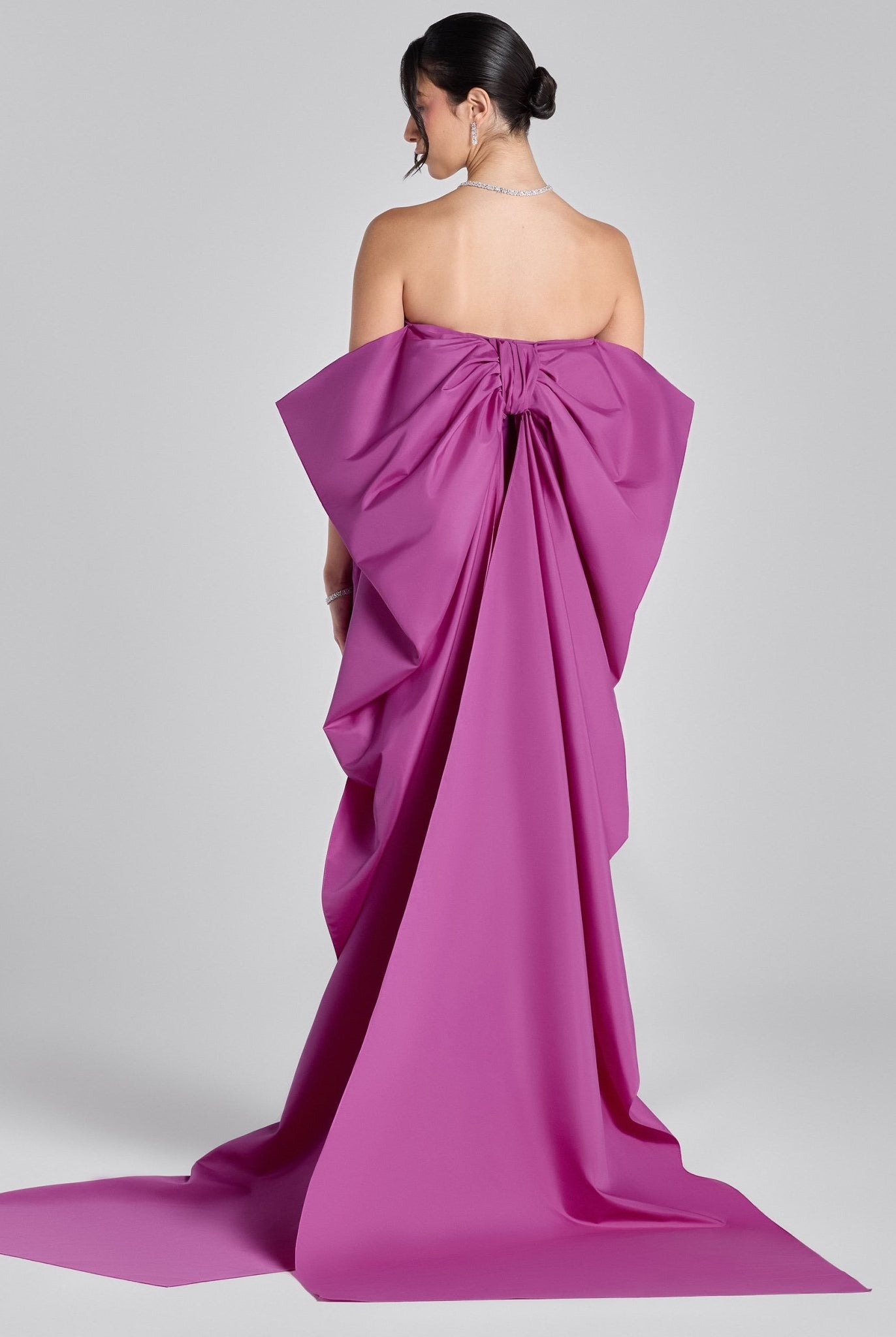 Cherry Red Crepe and Taffeta Strapless Bow Gown - shopaleena