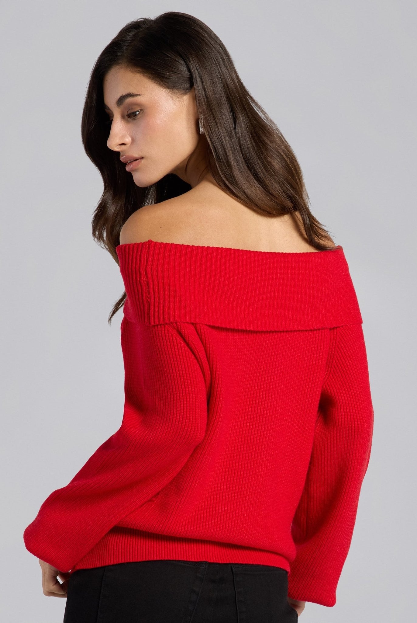 Cherry Red Knit Fold Off Shoulder Balloon Sleeve Sweater - shopaleena