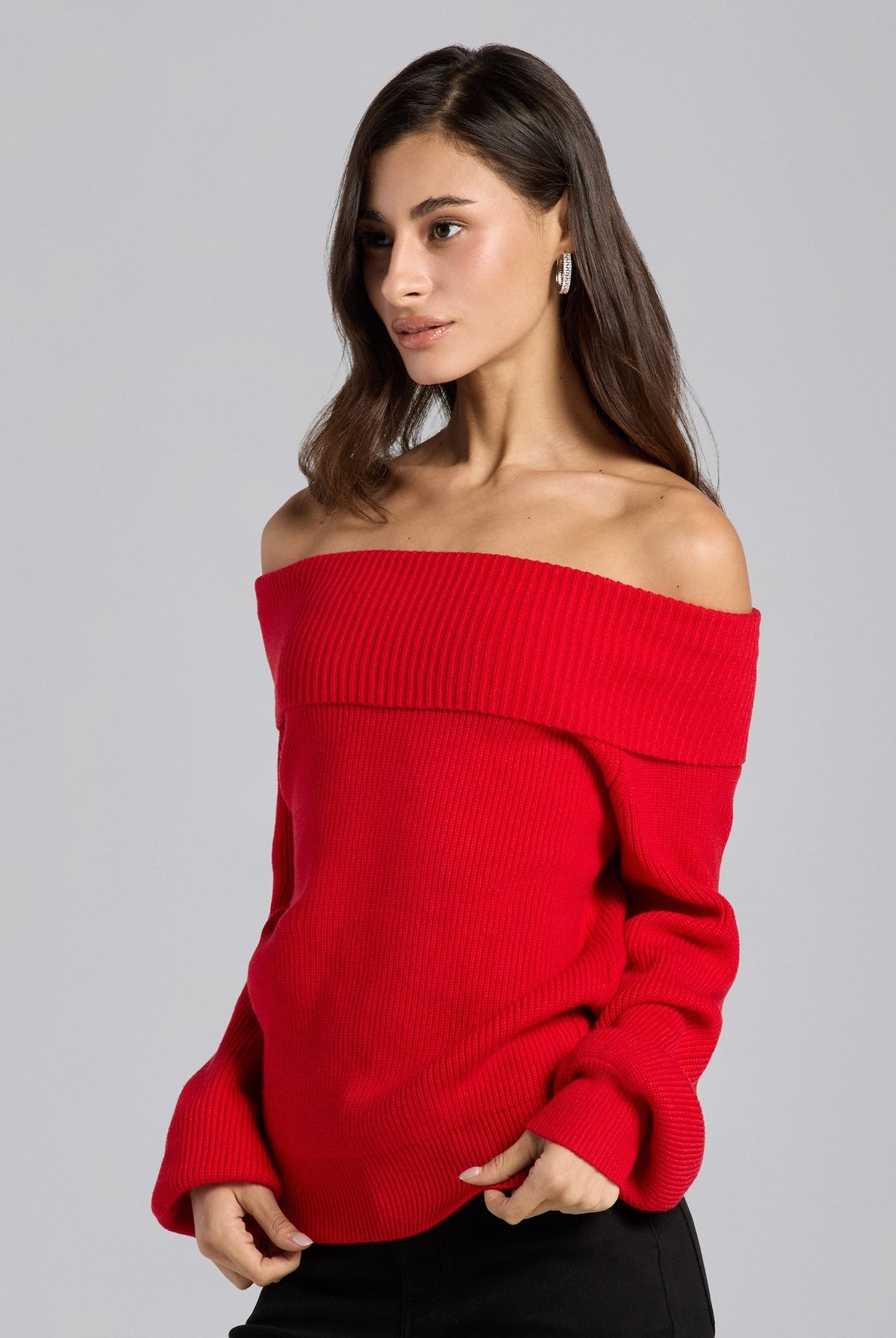 Cherry Red Knit Fold Off Shoulder Balloon Sleeve Sweater - shopaleena