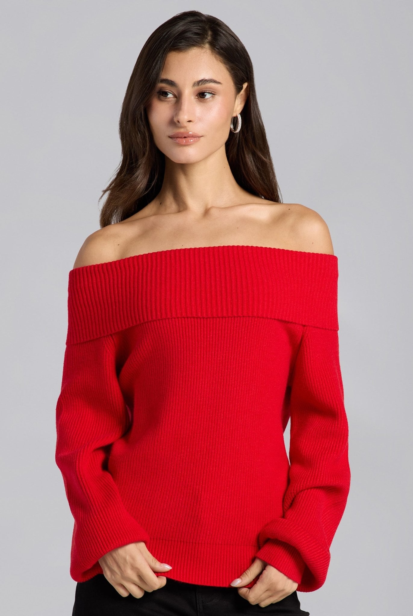 Cherry Red Knit Fold Off Shoulder Balloon Sleeve Sweater - shopaleena
