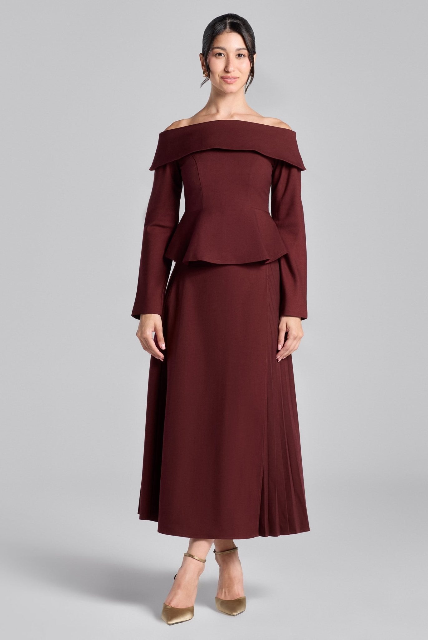 Cherry Red Off - Shoulder Wool Peplum Top - shopaleena