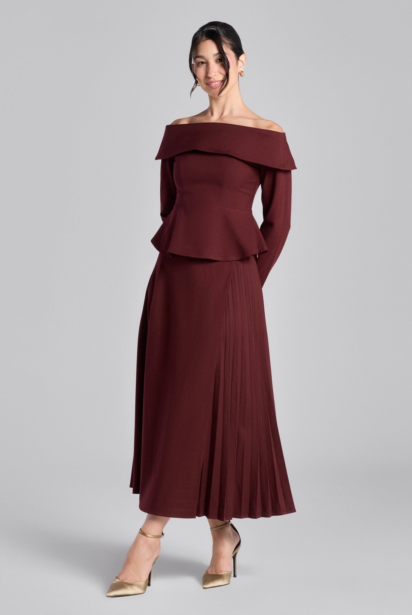 Cherry Red Off - Shoulder Wool Peplum Top - shopaleena