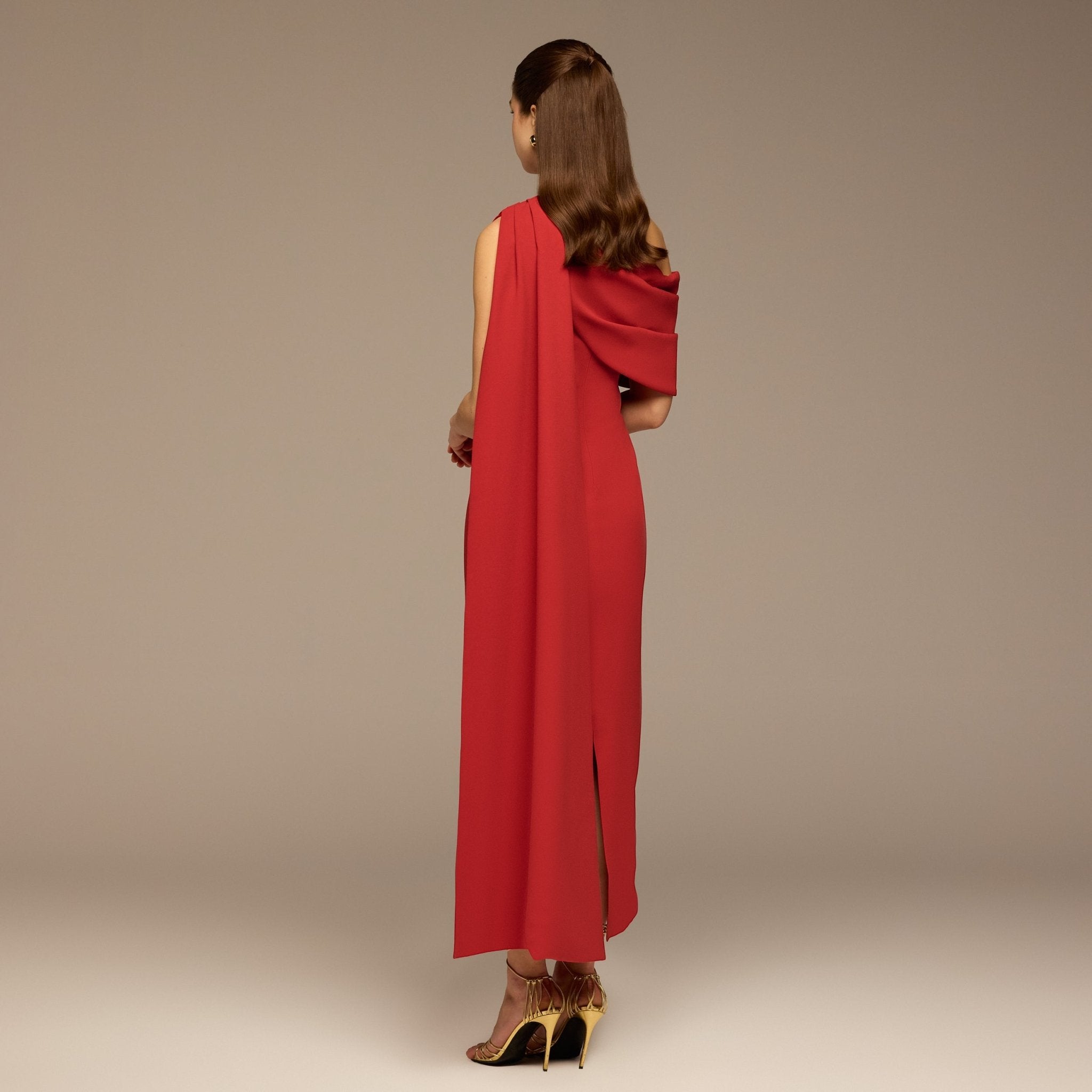 Cherry Red One - Shoulder Crepe and Satin Dress - shopaleena