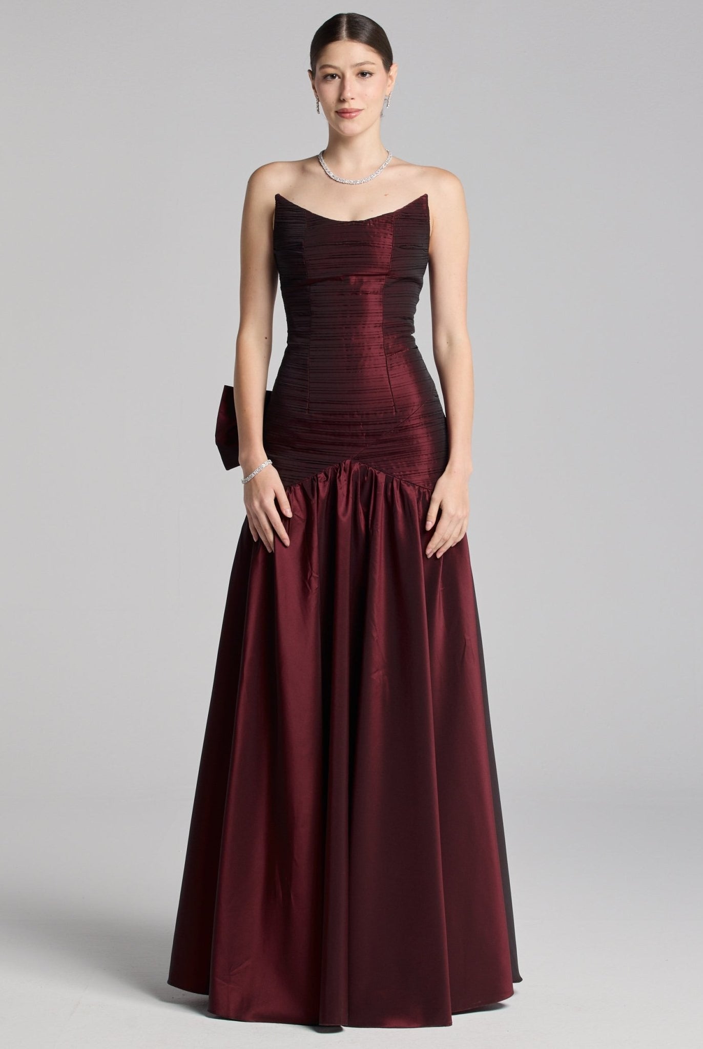 Cherry Red Strapless Ruched Taffeta Gown - shopaleena