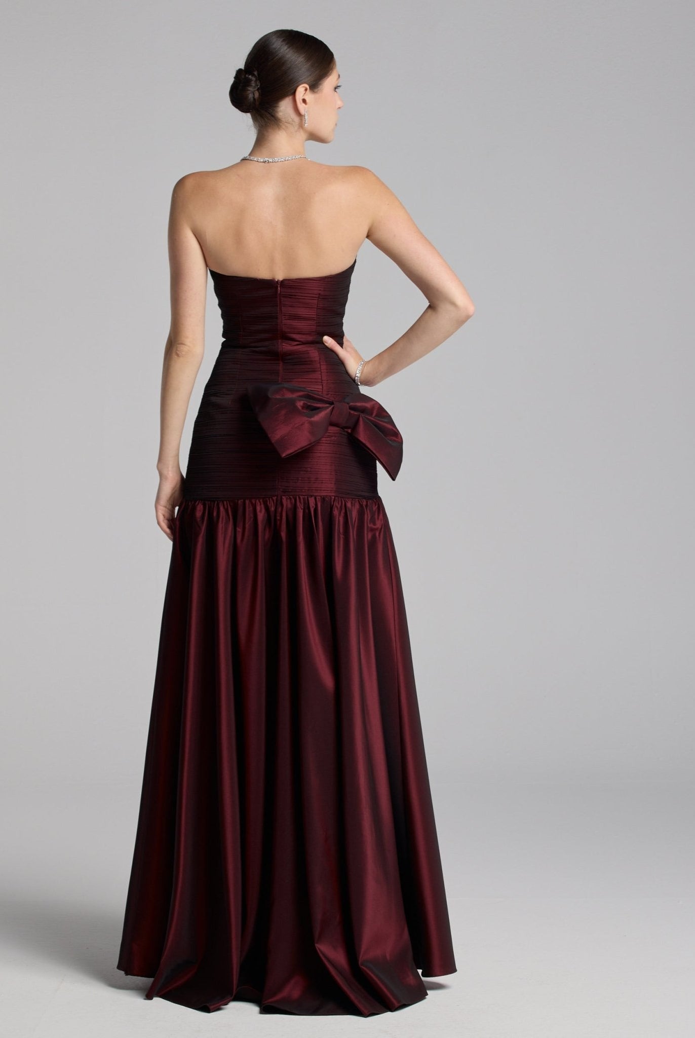 Cherry Red Strapless Ruched Taffeta Gown - shopaleena