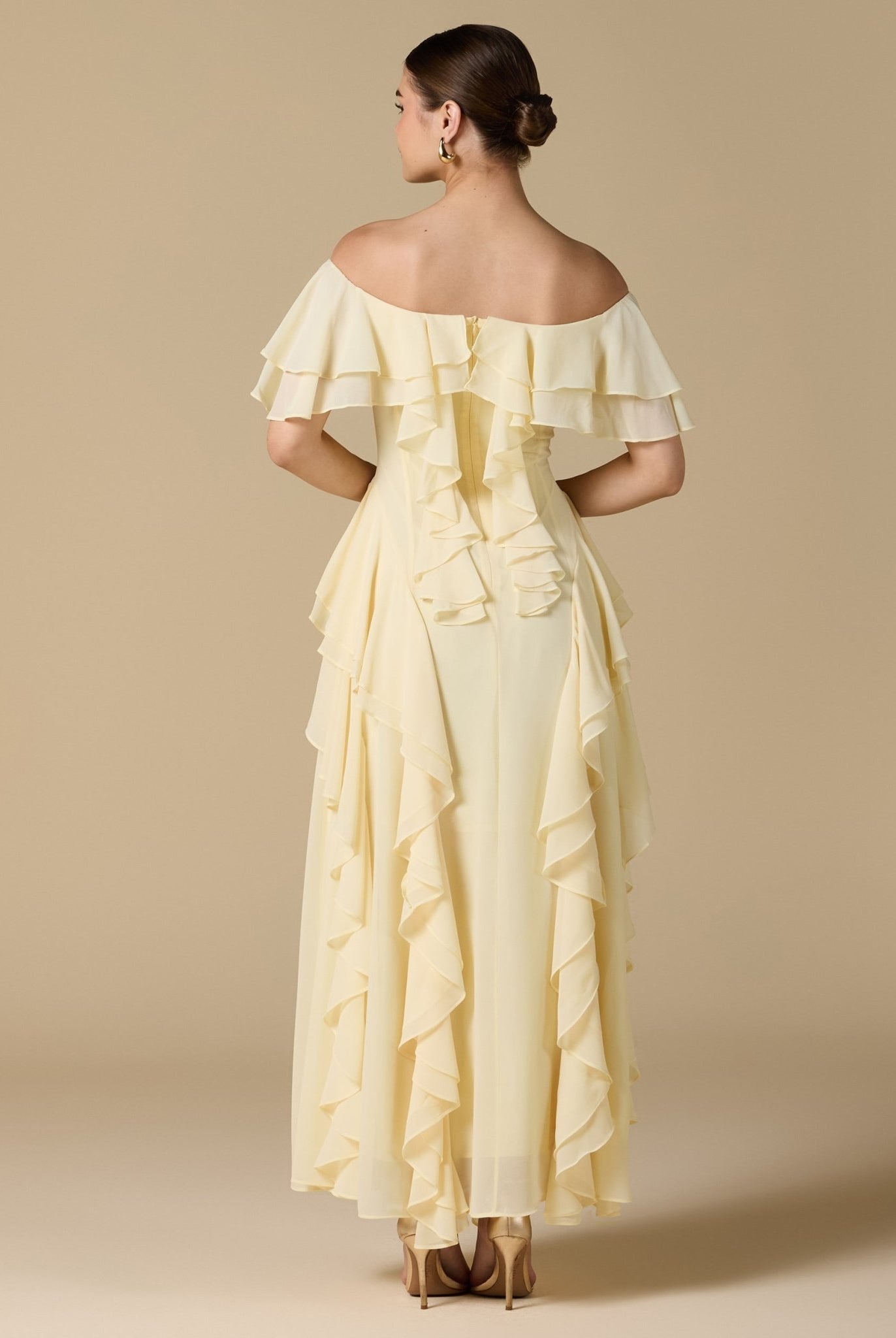 Chiffon Off Shoulder Maxi Dress With Ruffles - shopaleena