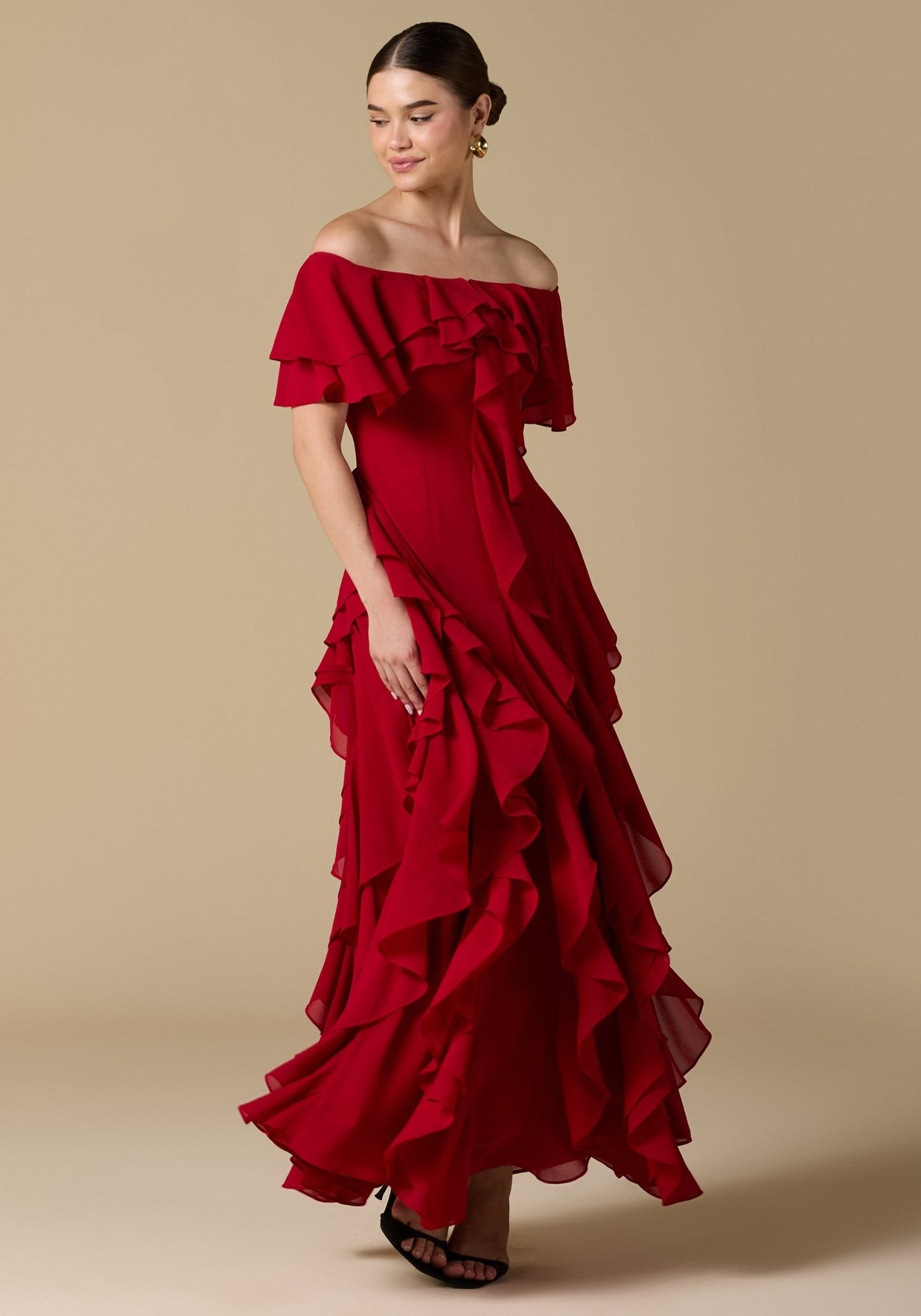 Chiffon Off Shoulder Maxi Dress With Ruffles - shopaleena