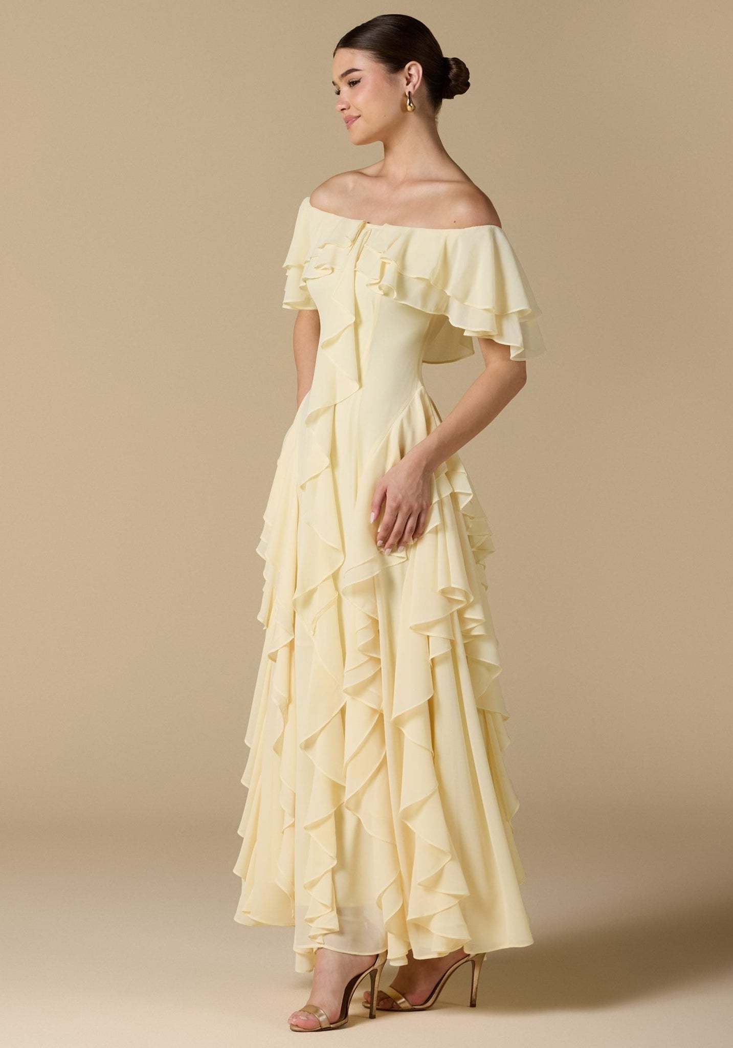 Chiffon Off Shoulder Maxi Dress With Ruffles - shopaleena