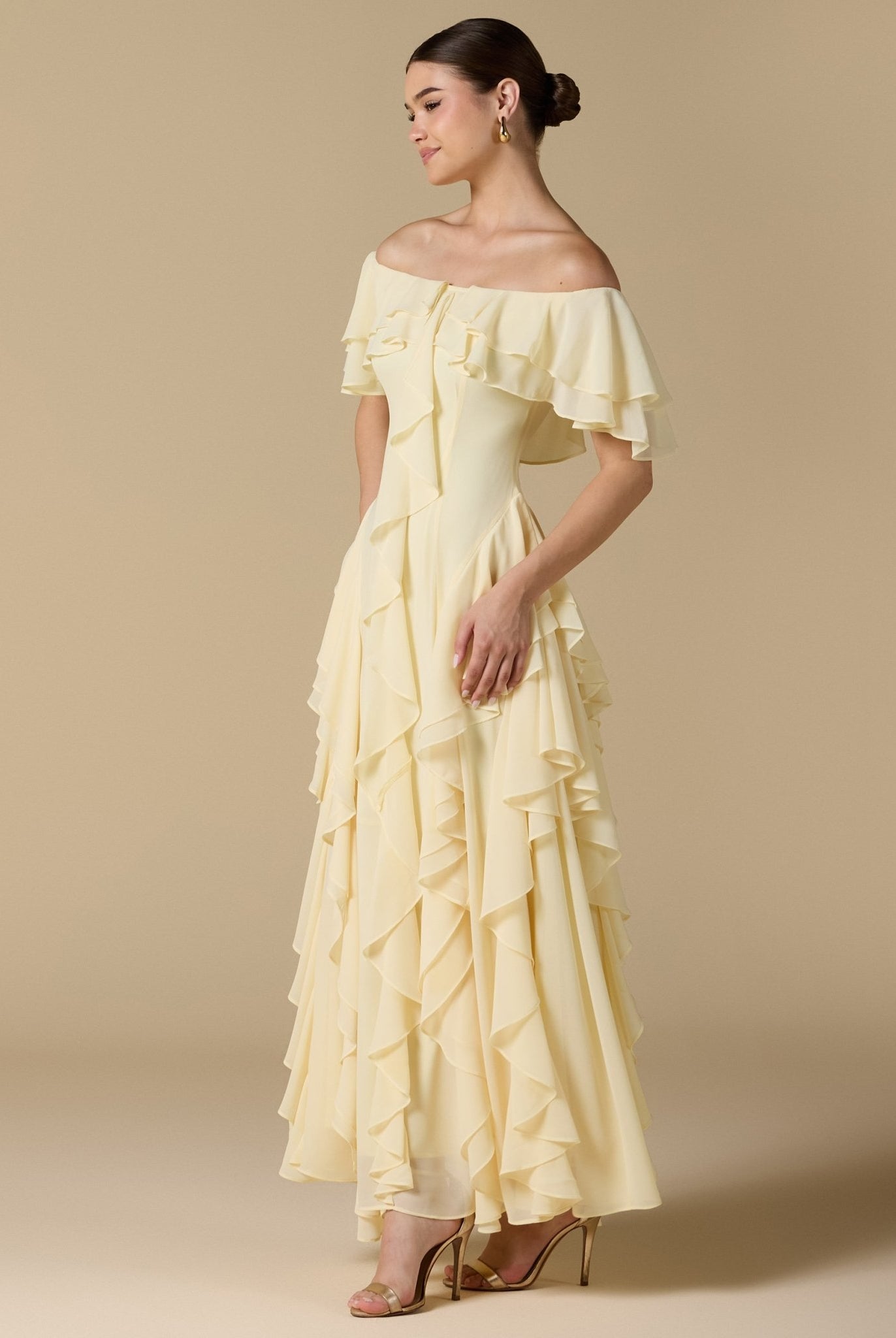 Chiffon Off Shoulder Maxi Dress With Ruffles - shopaleena