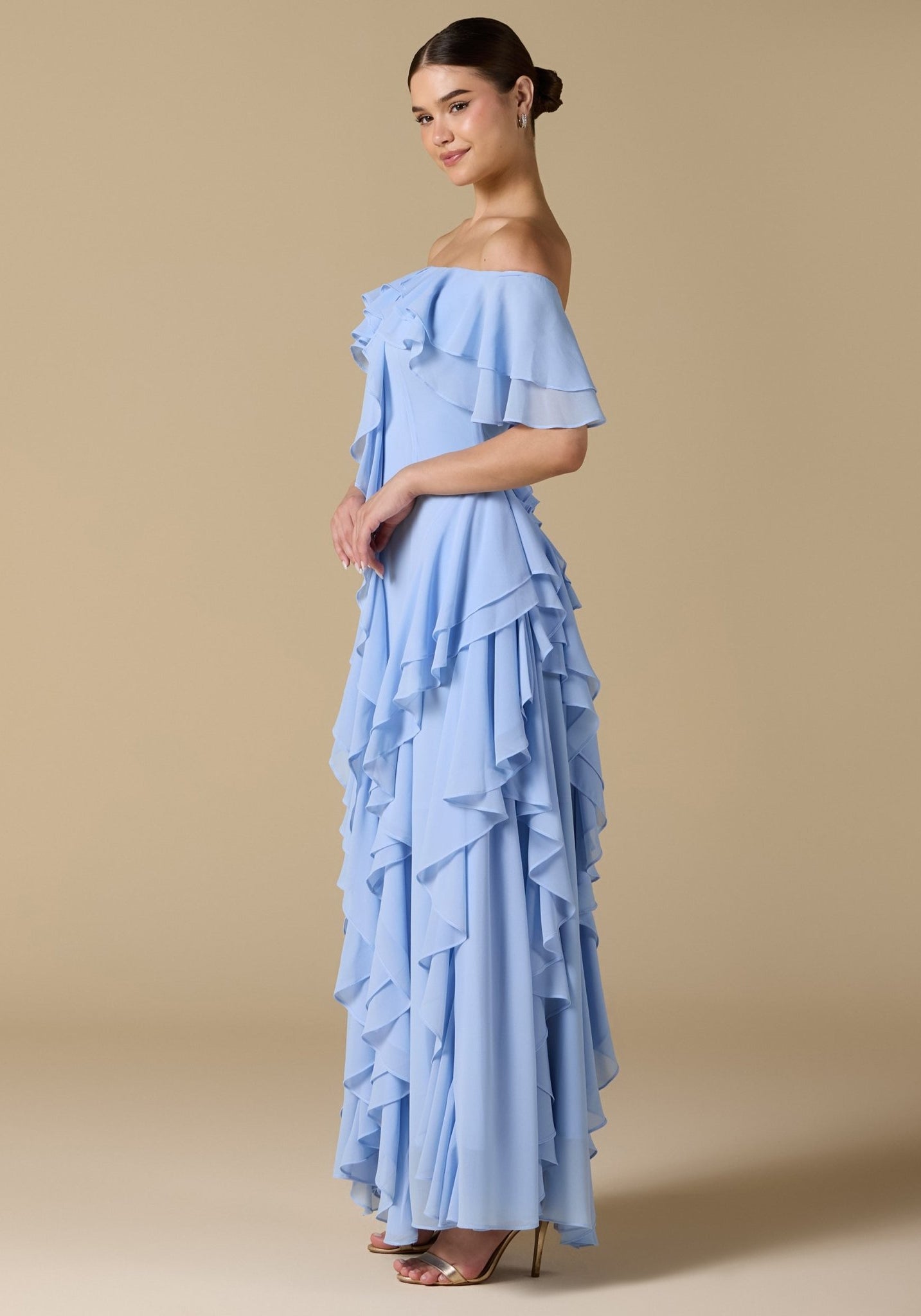 Chiffon Off Shoulder Maxi Dress With Ruffles - shopaleena