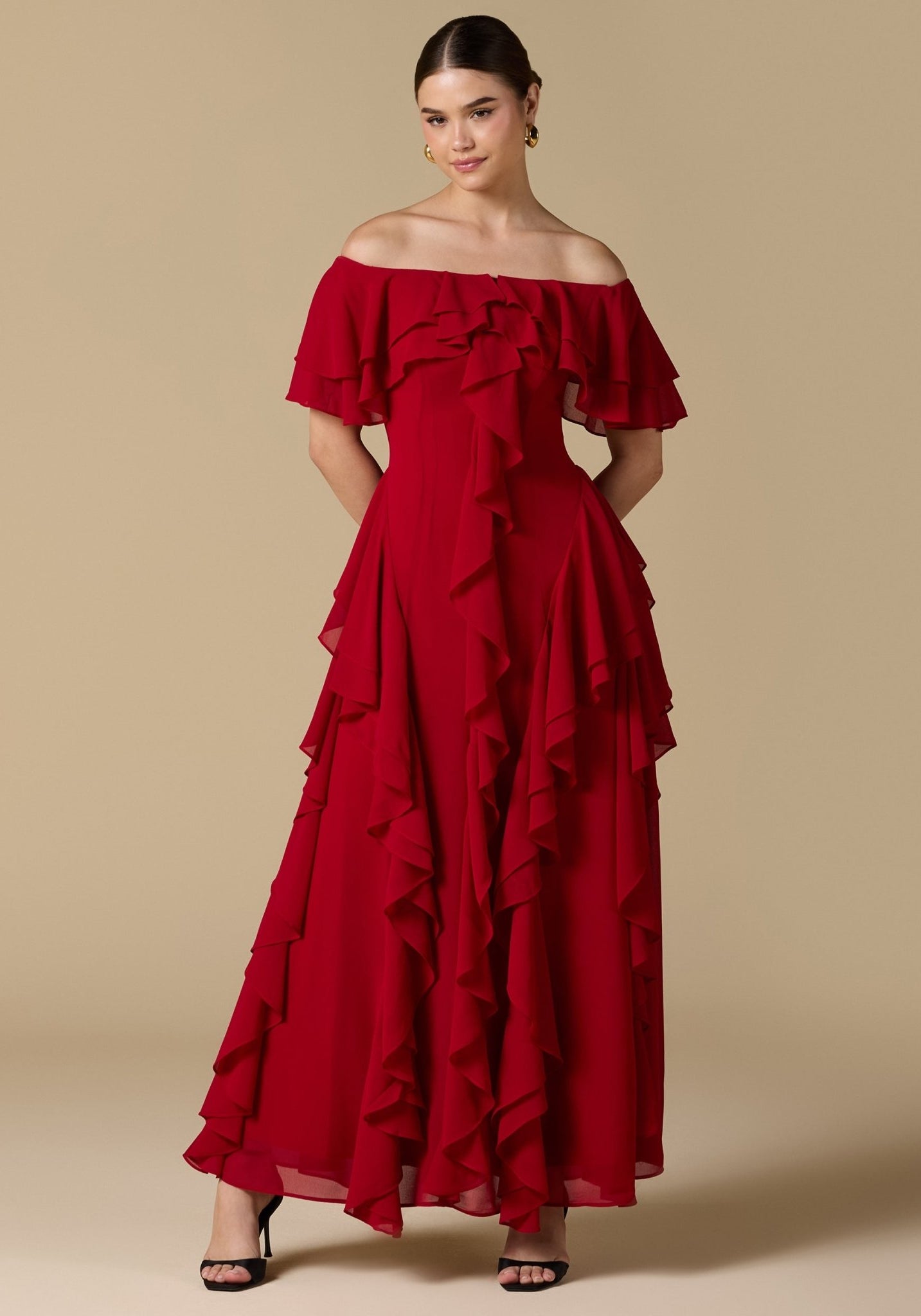 Chiffon Off Shoulder Maxi Dress With Ruffles - shopaleena