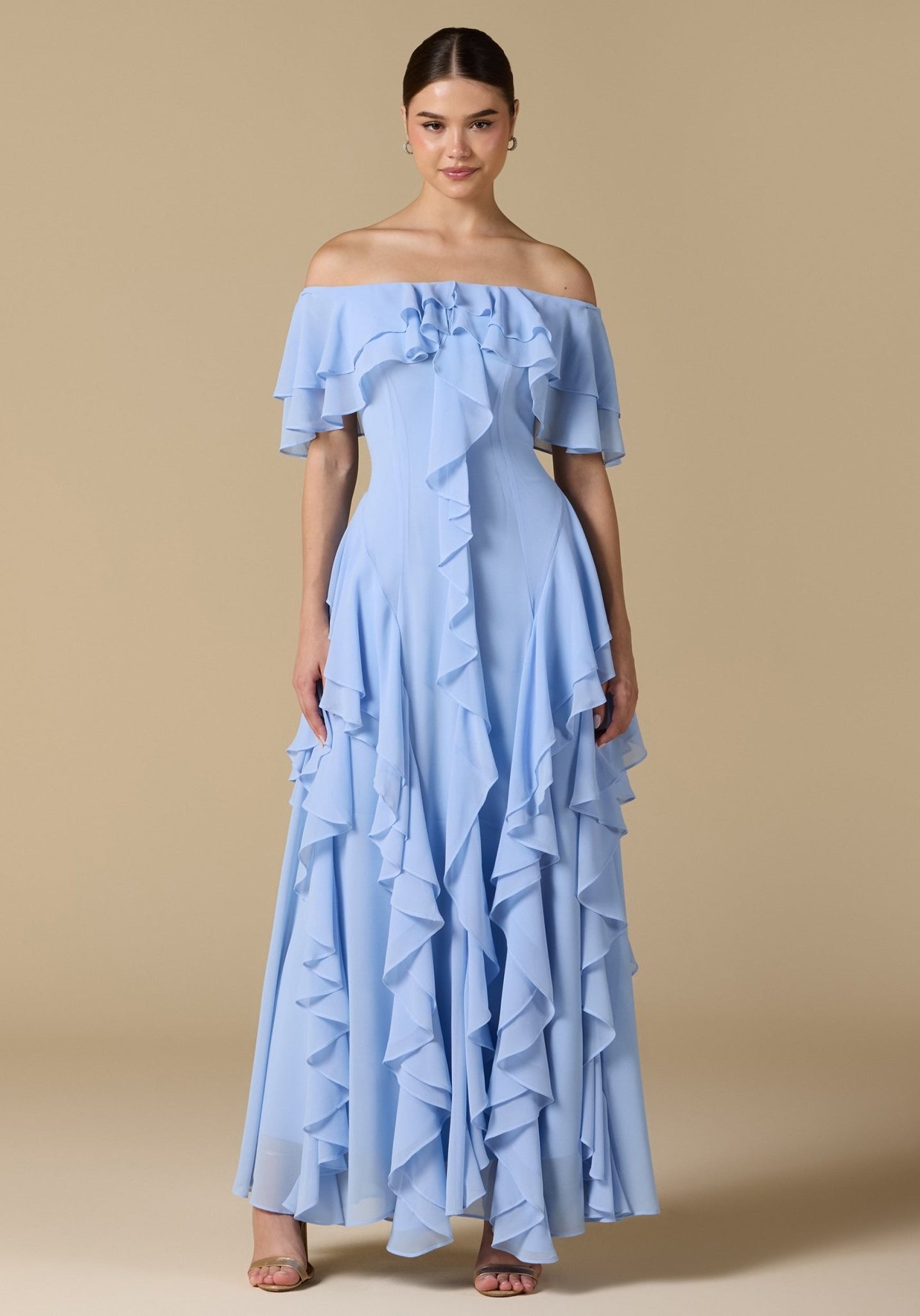 Chiffon Off Shoulder Maxi Dress With Ruffles - shopaleena