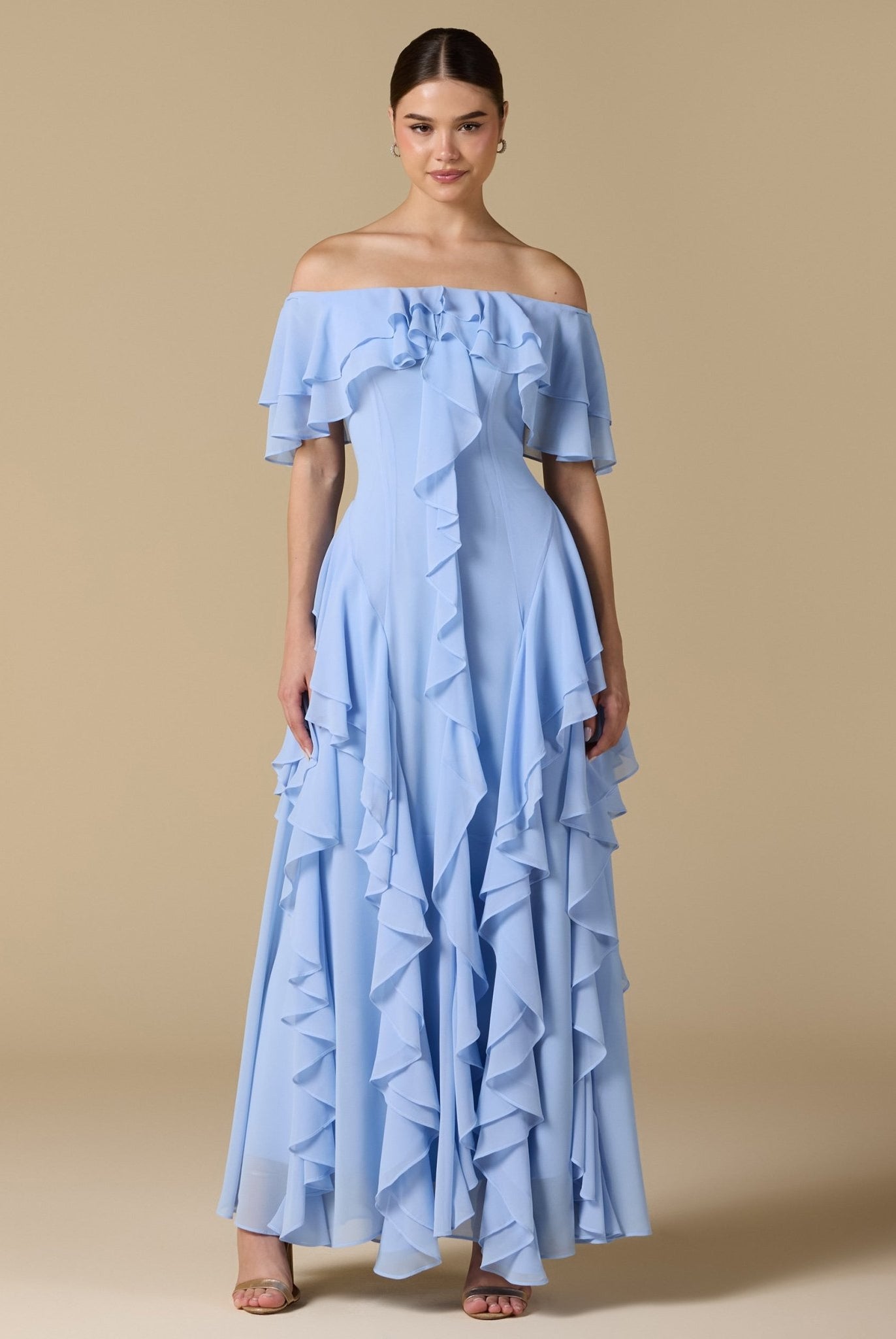 Chiffon Off Shoulder Maxi Dress With Ruffles - shopaleena