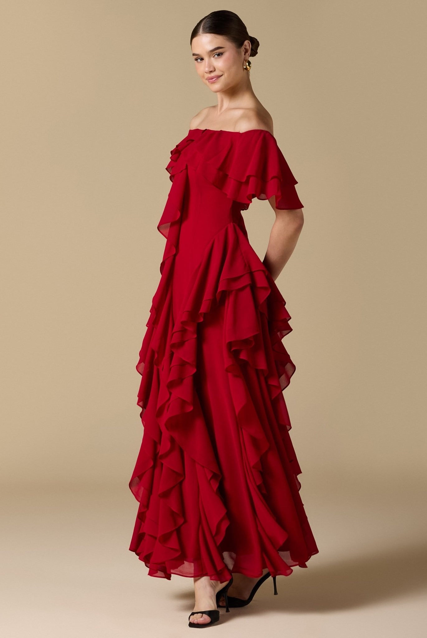 Chiffon Off Shoulder Maxi Dress With Ruffles - shopaleena