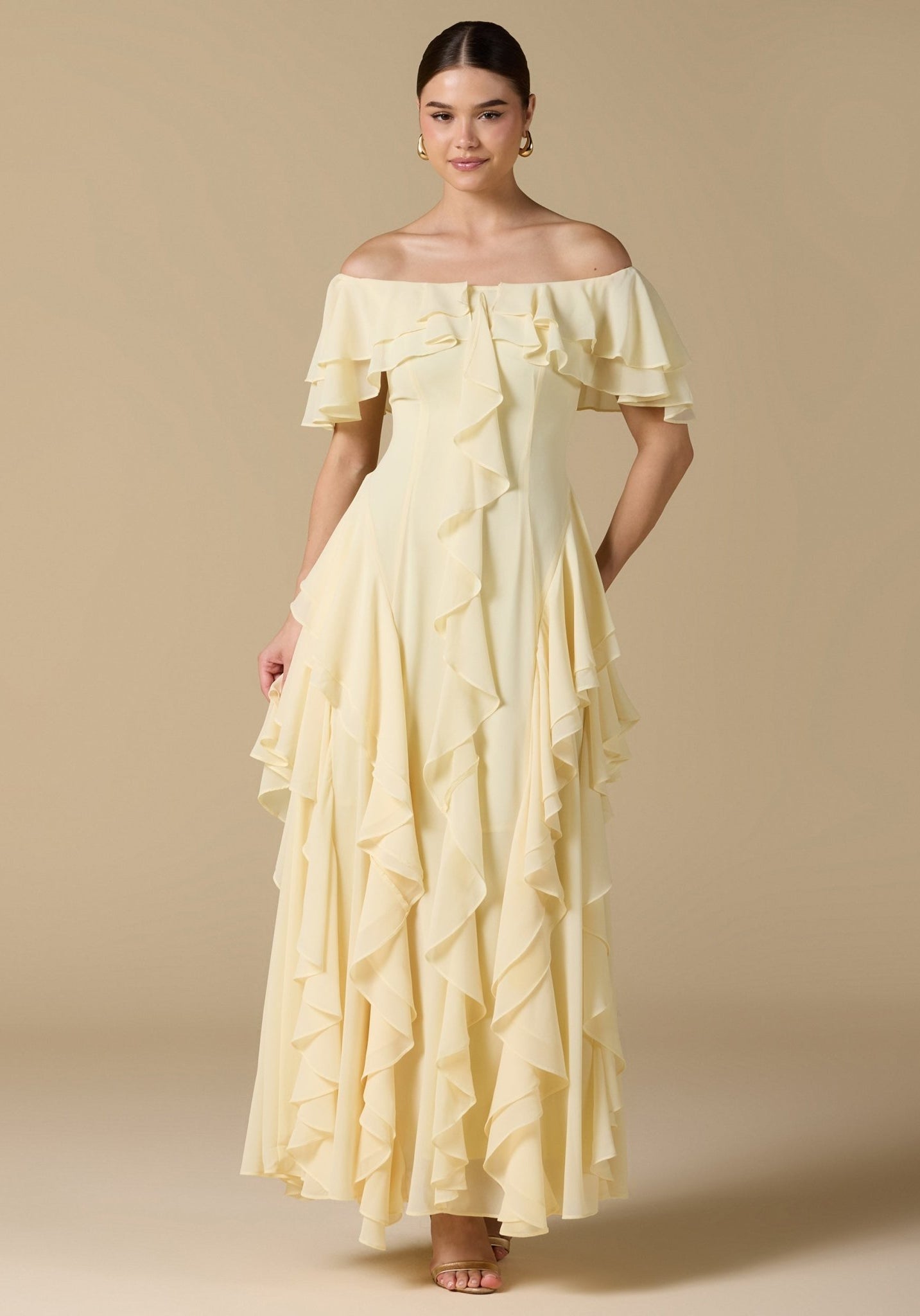 Chiffon Off Shoulder Maxi Dress With Ruffles - shopaleena