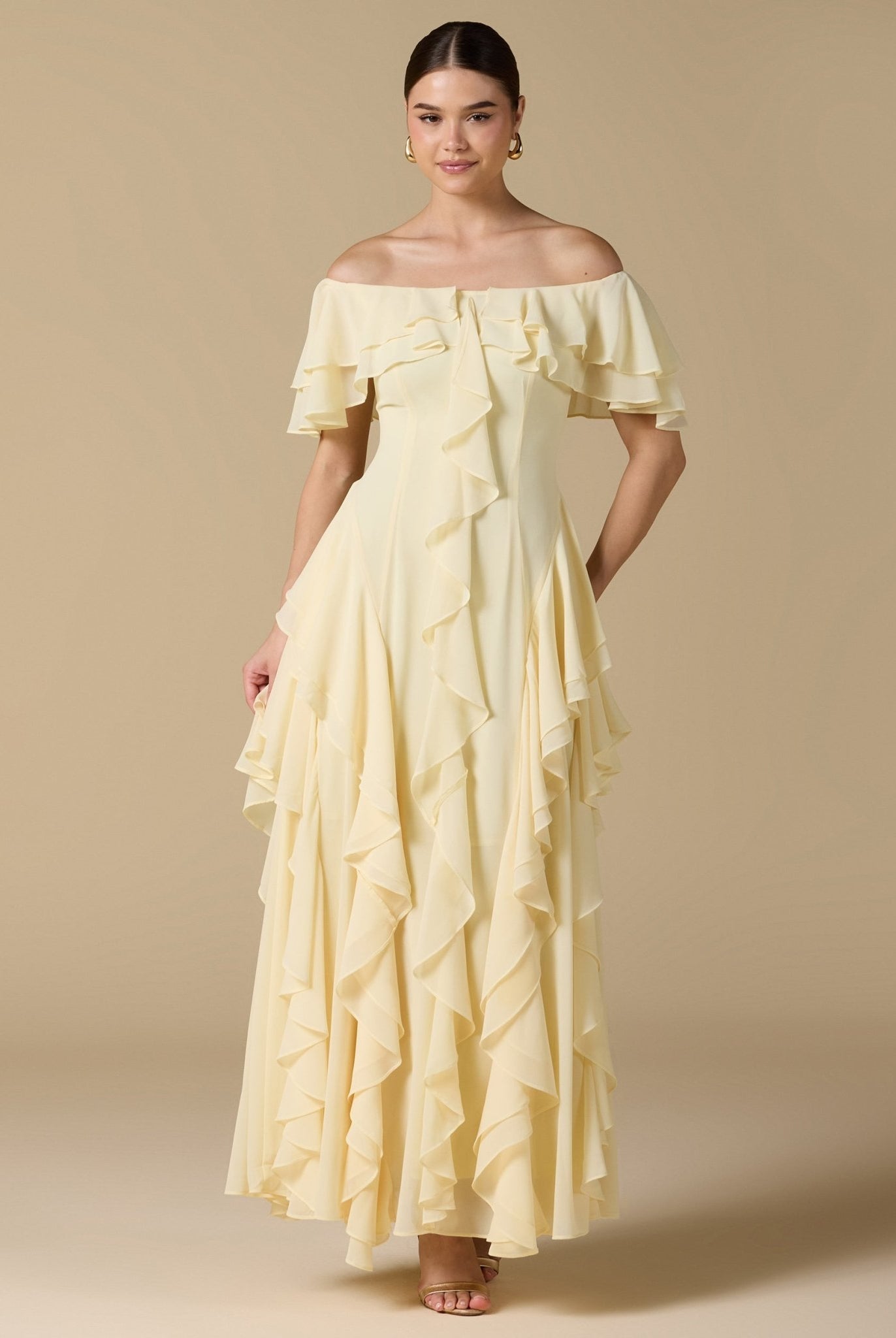 Chiffon Off Shoulder Maxi Dress With Ruffles - shopaleena