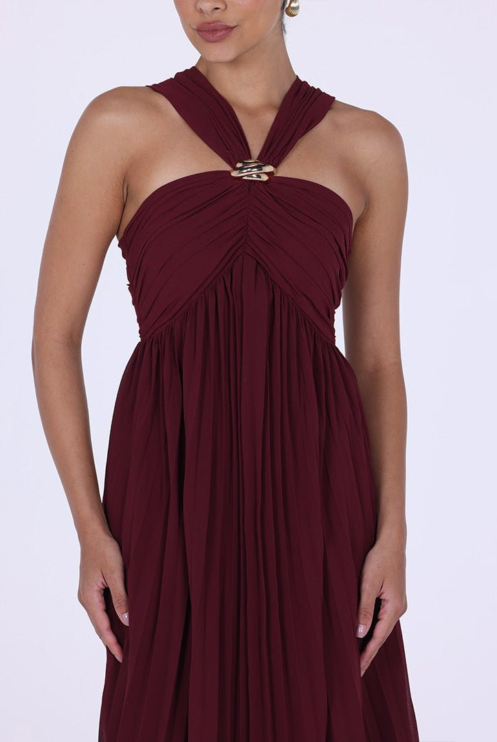 Chiffon Pleated Gathered Chest Maxi Dress - shopaleena