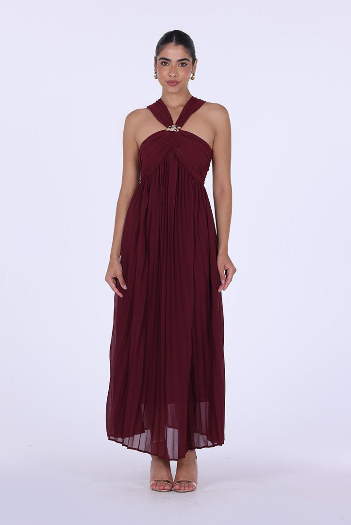 Chiffon Pleated Gathered Chest Maxi Dress - shopaleena