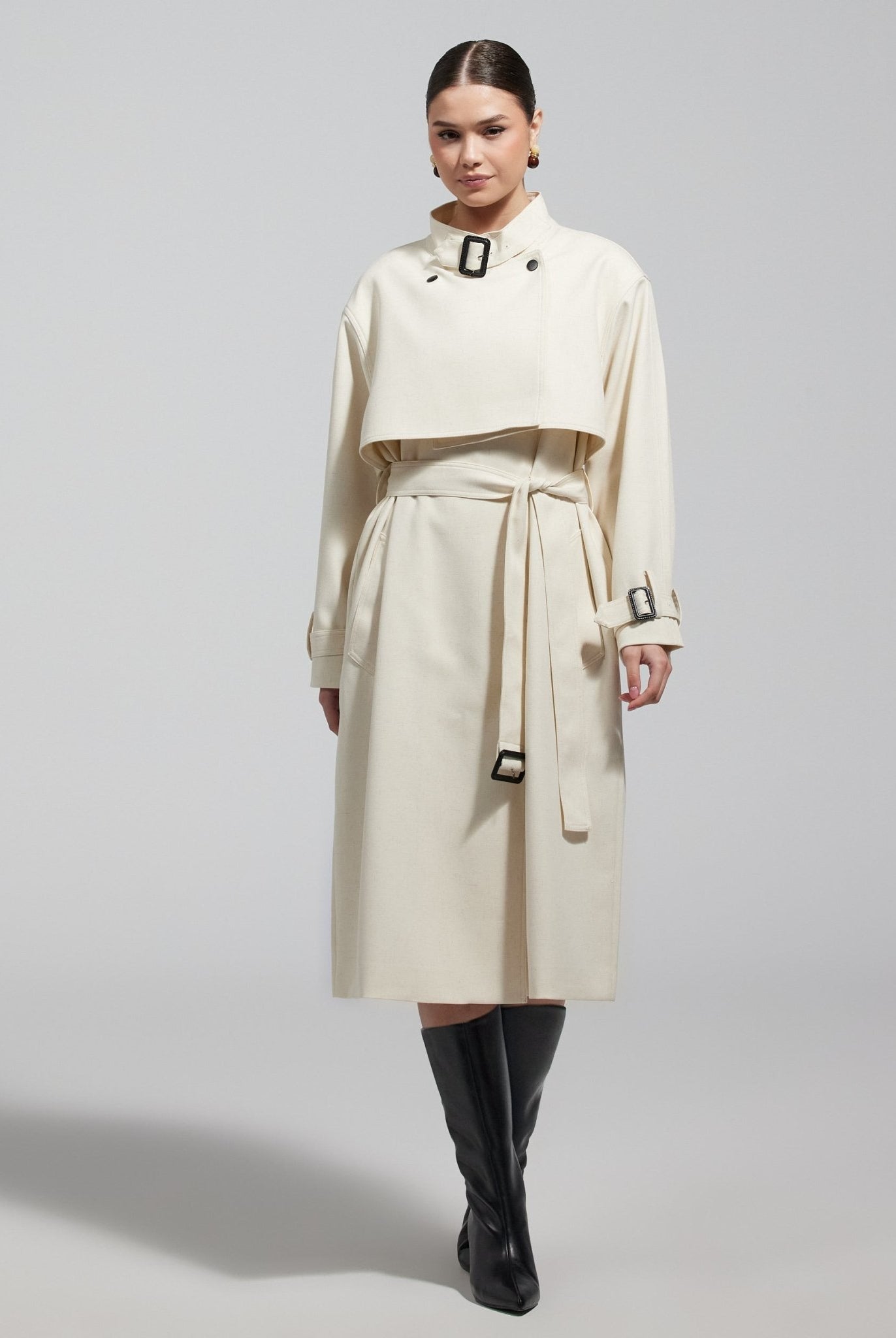 Cloud White High Collar Twill Trench Coat - shopaleena