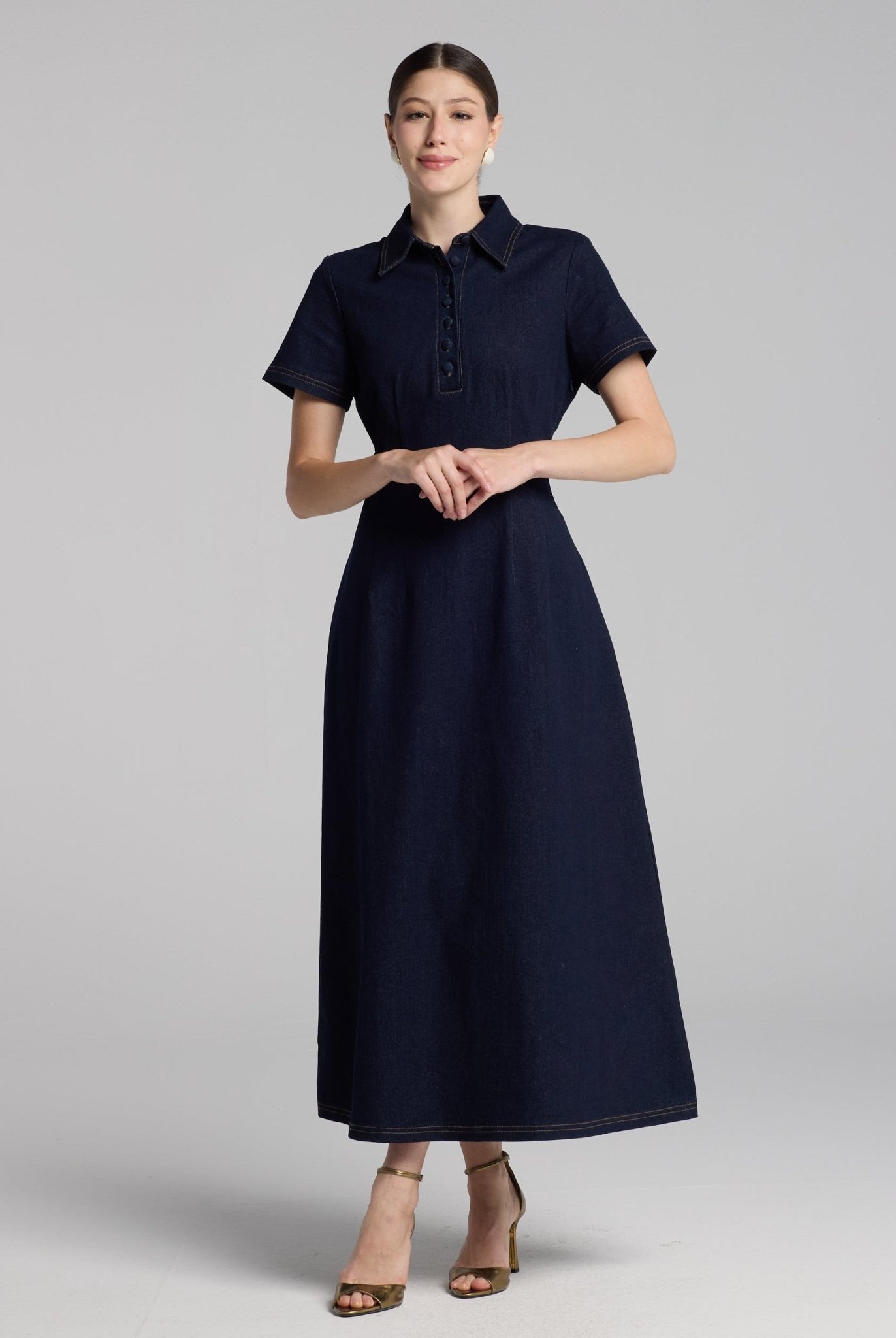 Collared Denim Midi Dress - shopaleena
