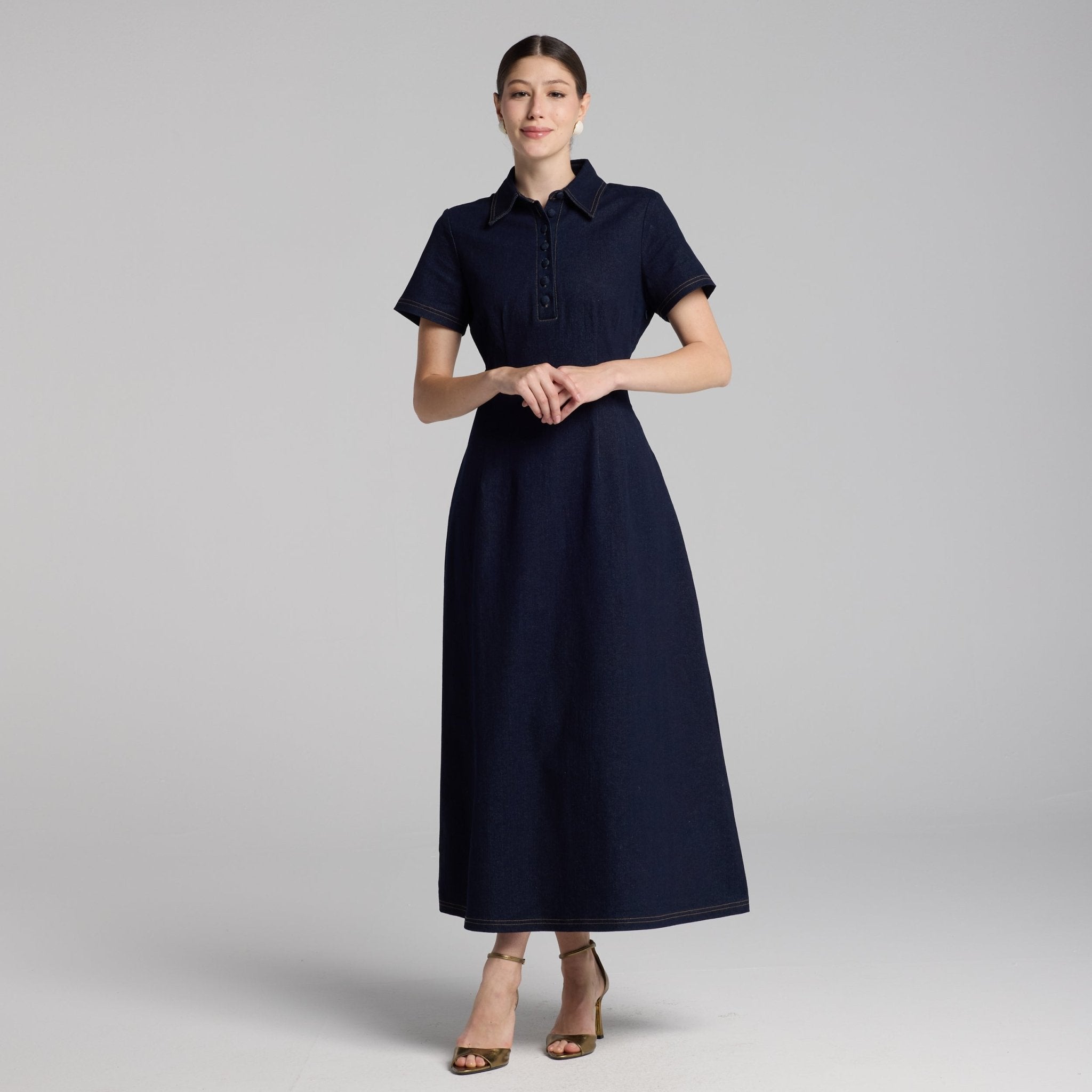 Collared Denim Midi Dress - shopaleena