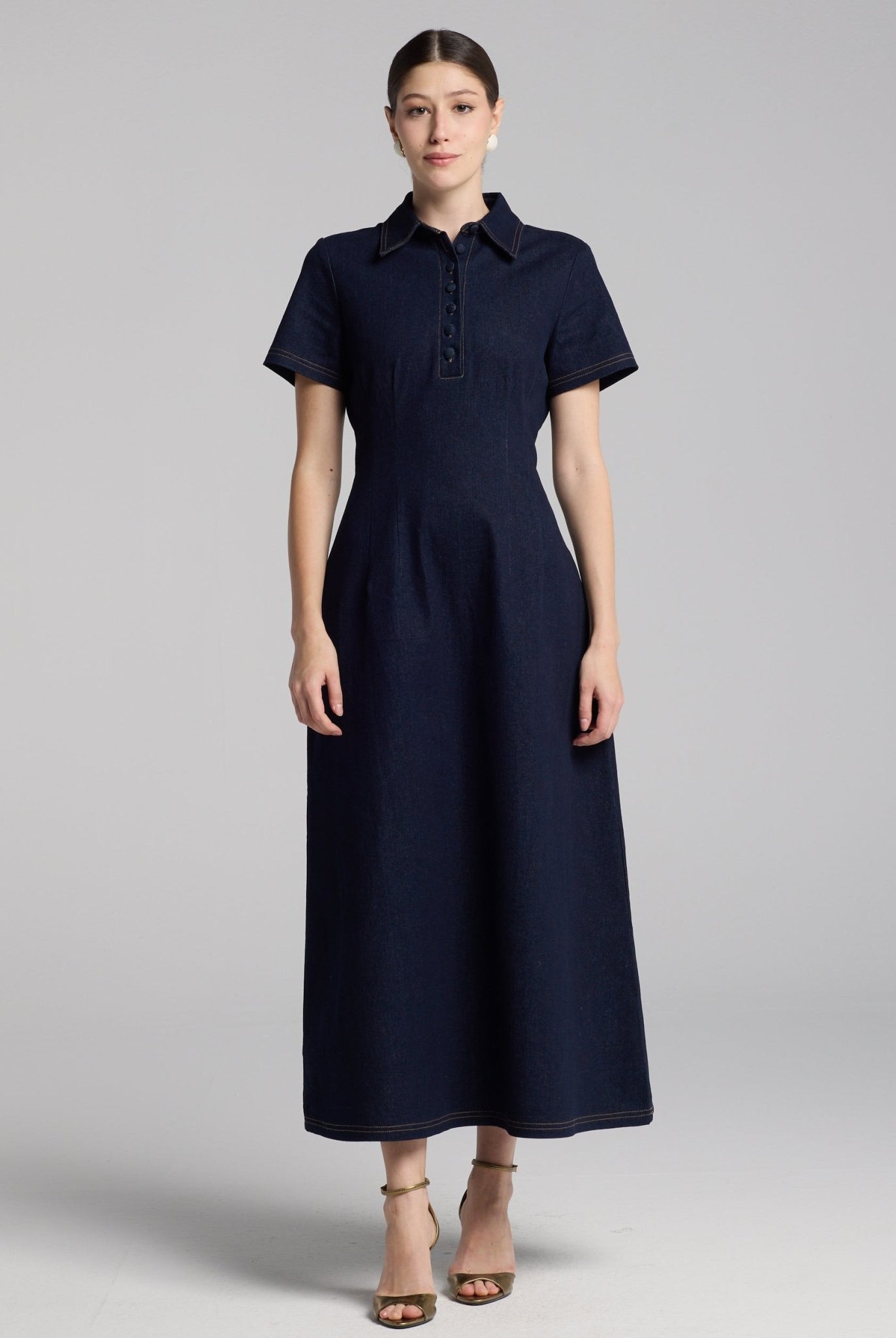 Collared Denim Midi Dress - shopaleena