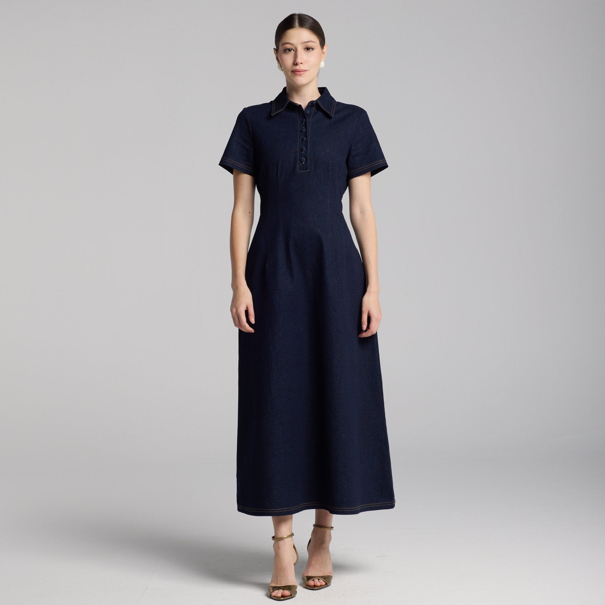 Collared Denim Midi Dress - shopaleena
