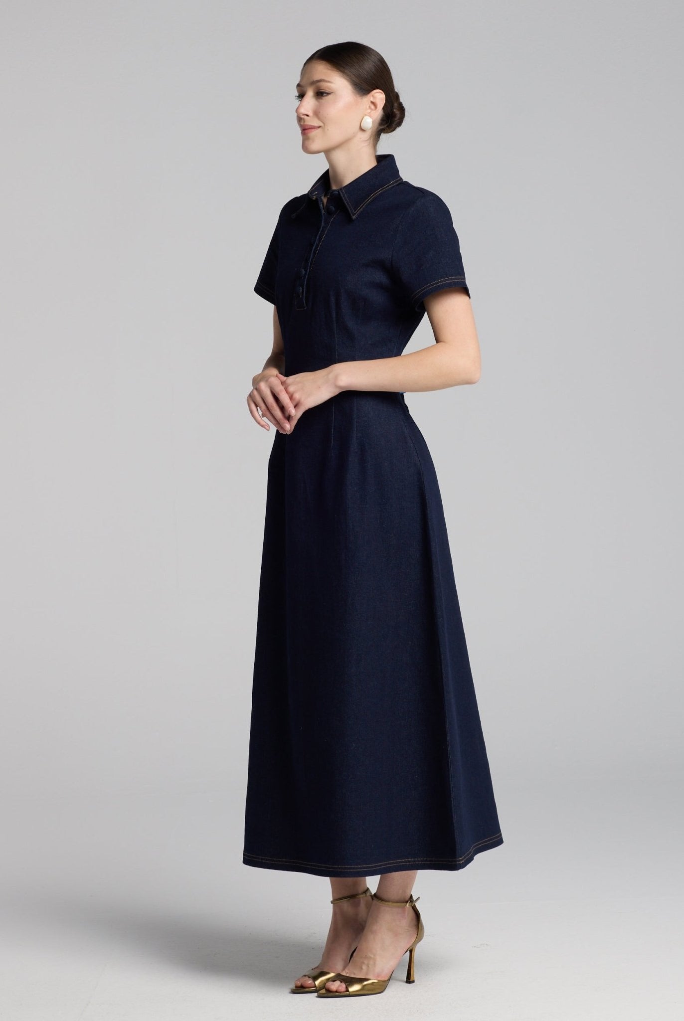 Collared Denim Midi Dress - shopaleena