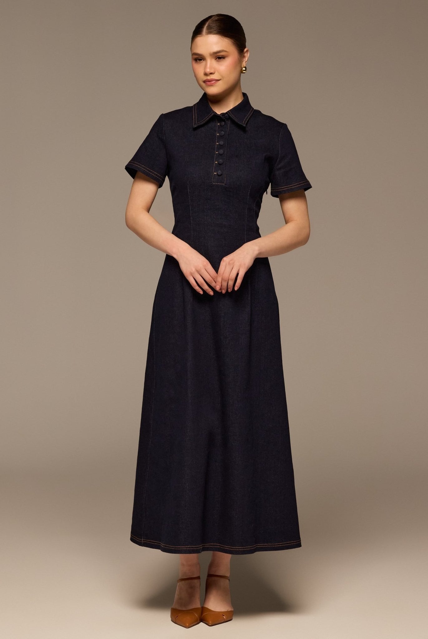Collared Denim Midi Dress - shopaleena