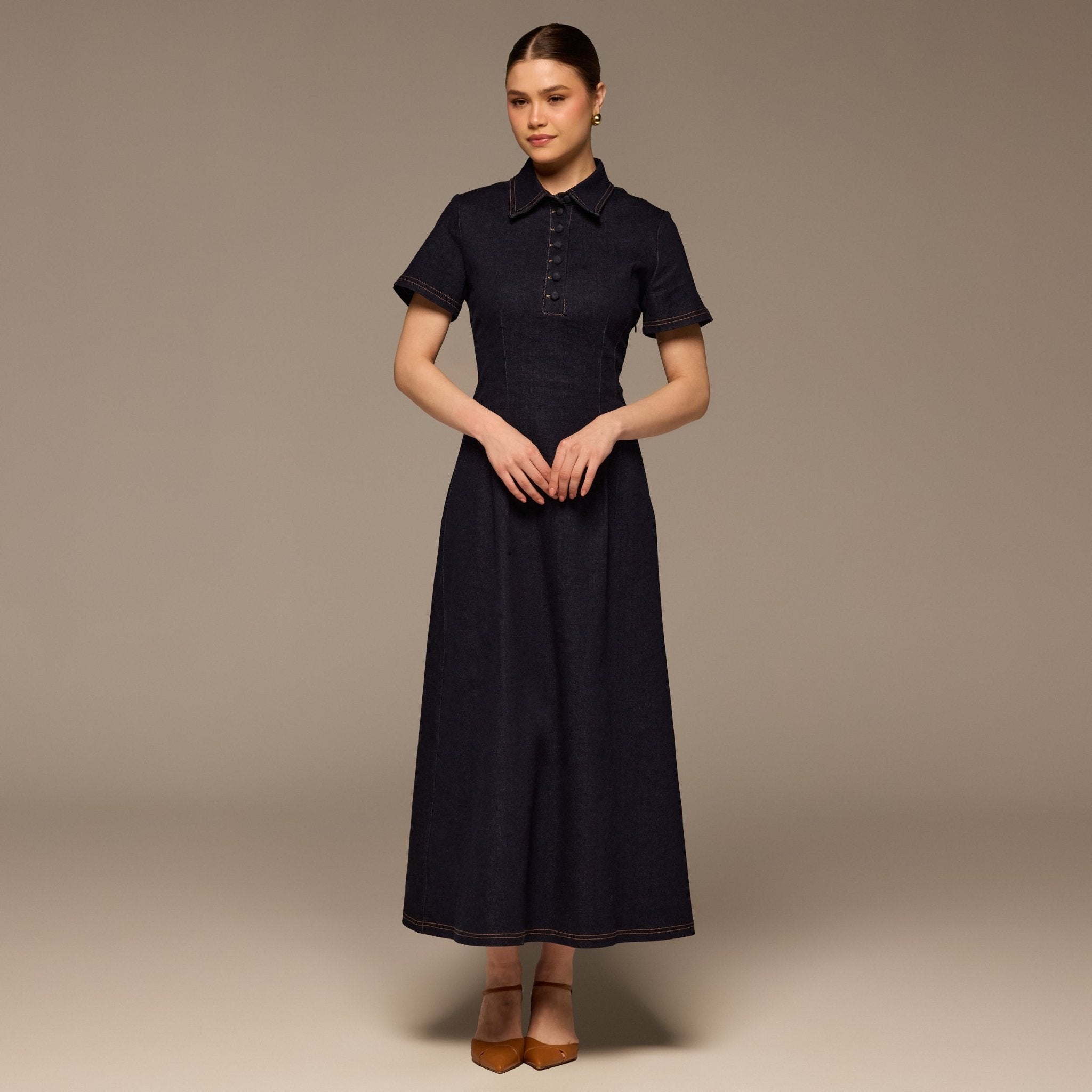 Collared Denim Midi Dress - shopaleena