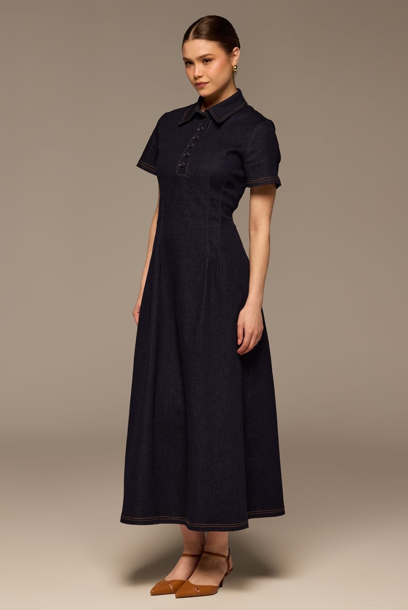 Collared Denim Midi Dress - shopaleena