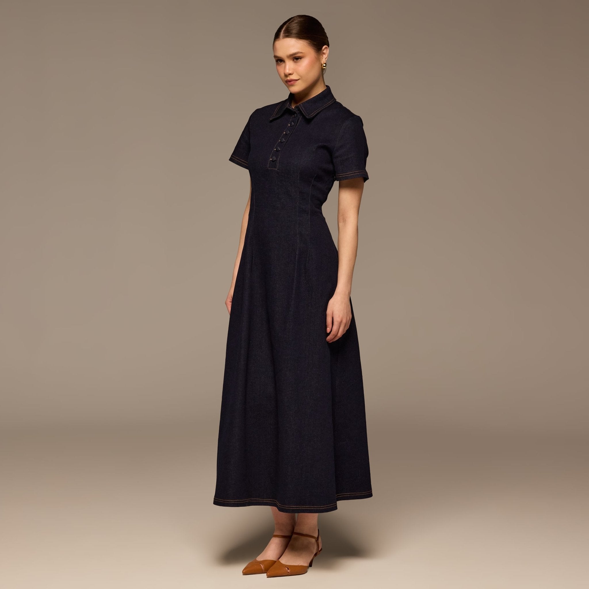 Collared Denim Midi Dress - shopaleena