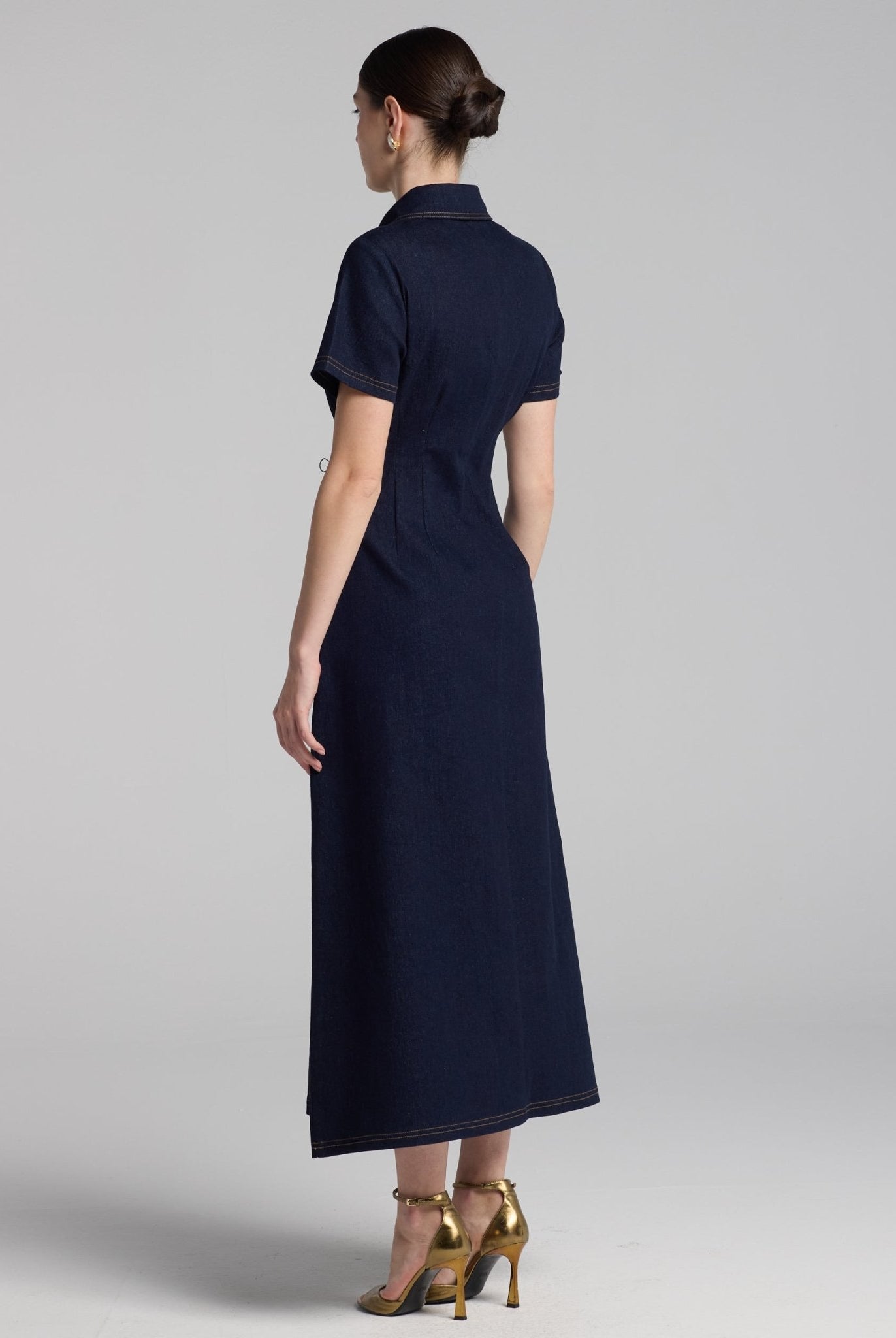 Collared Denim Midi Dress - shopaleena