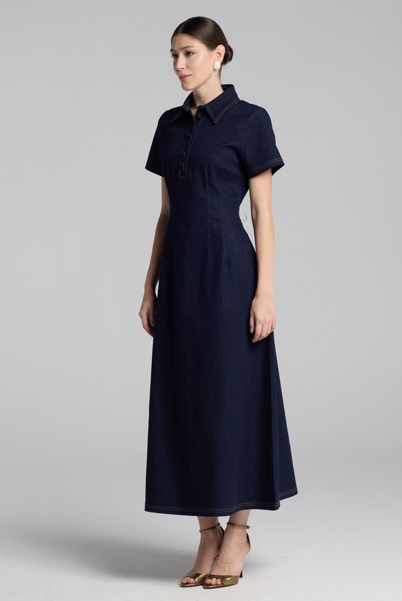 Collared Denim Midi Dress - shopaleena