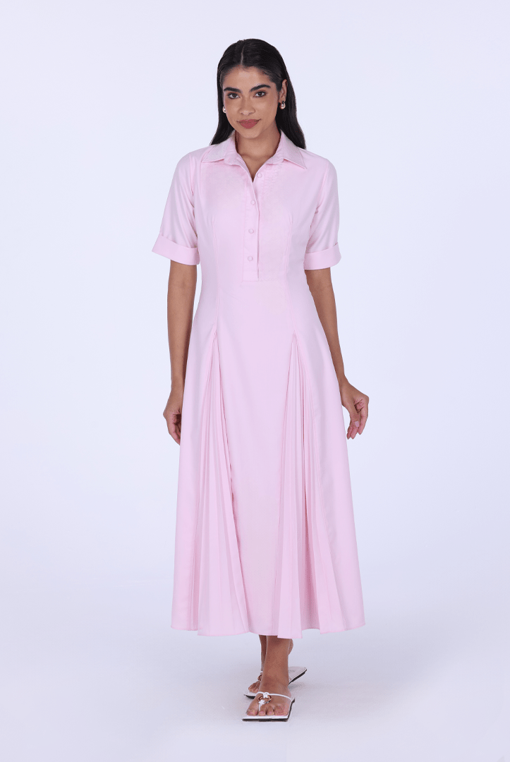 Collared Midi Shirt Dress With Pleats - shopaleena